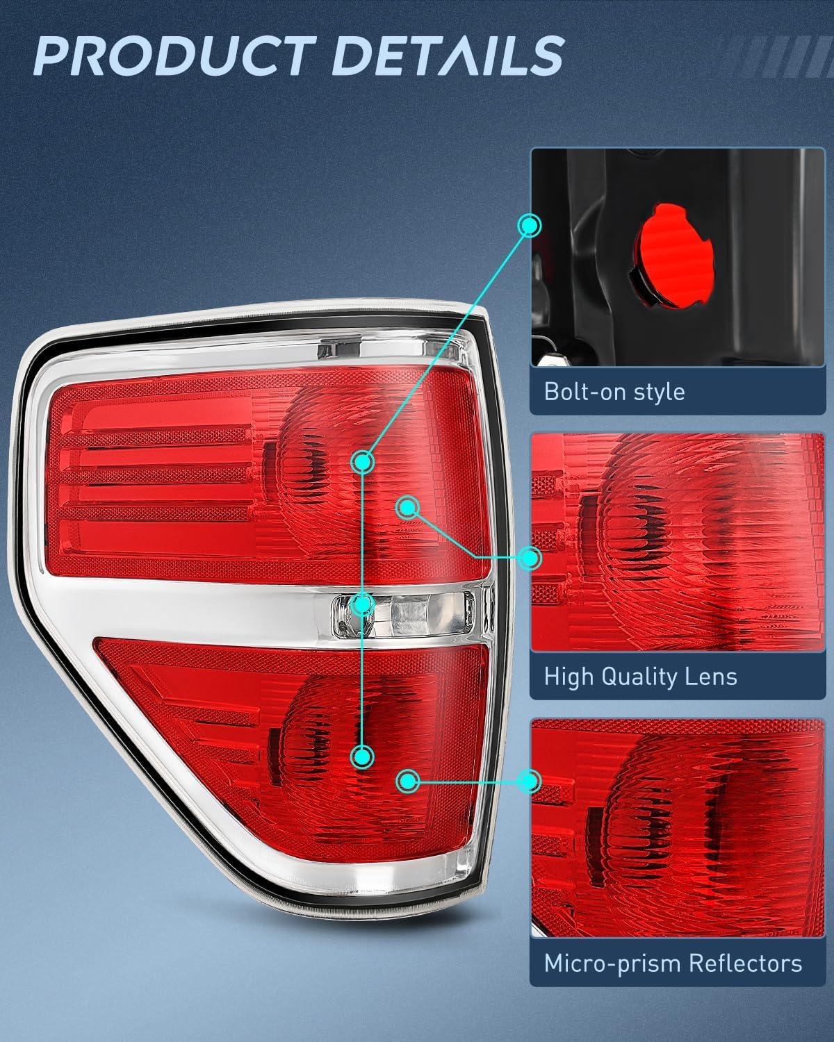 imageNilight Passenger Side Taillight Assembly for 2009 2010 2011 2012 2013 2014 Ford FF150 F150 Pickup Truck Right Rear Lamp Replacement OE Style Red Housing Tail lampChromePair of Driver and Passenger Side
