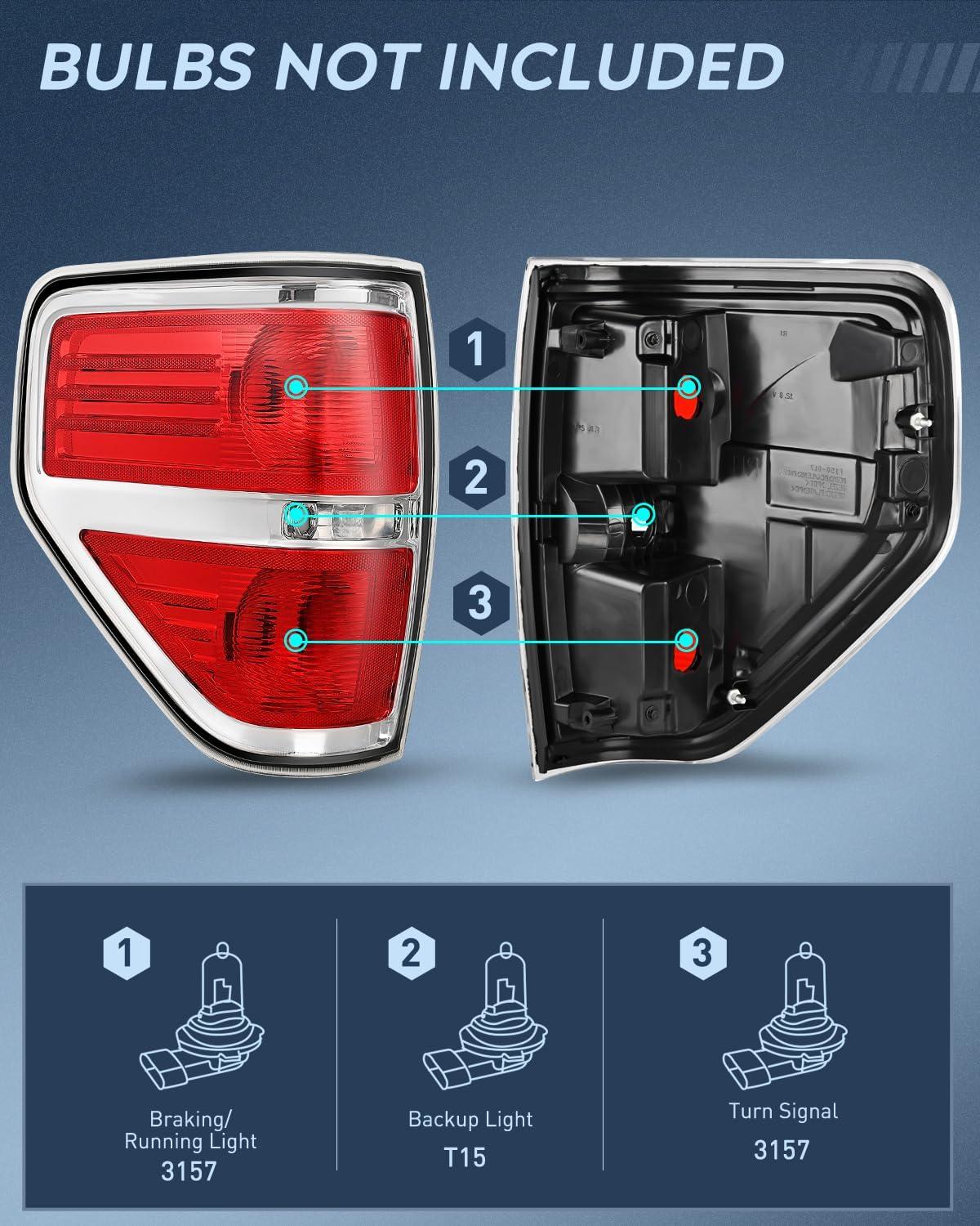 imageNilight Passenger Side Taillight Assembly for 2009 2010 2011 2012 2013 2014 Ford FF150 F150 Pickup Truck Right Rear Lamp Replacement OE Style Red Housing Tail lampChromePair of Driver and Passenger Side