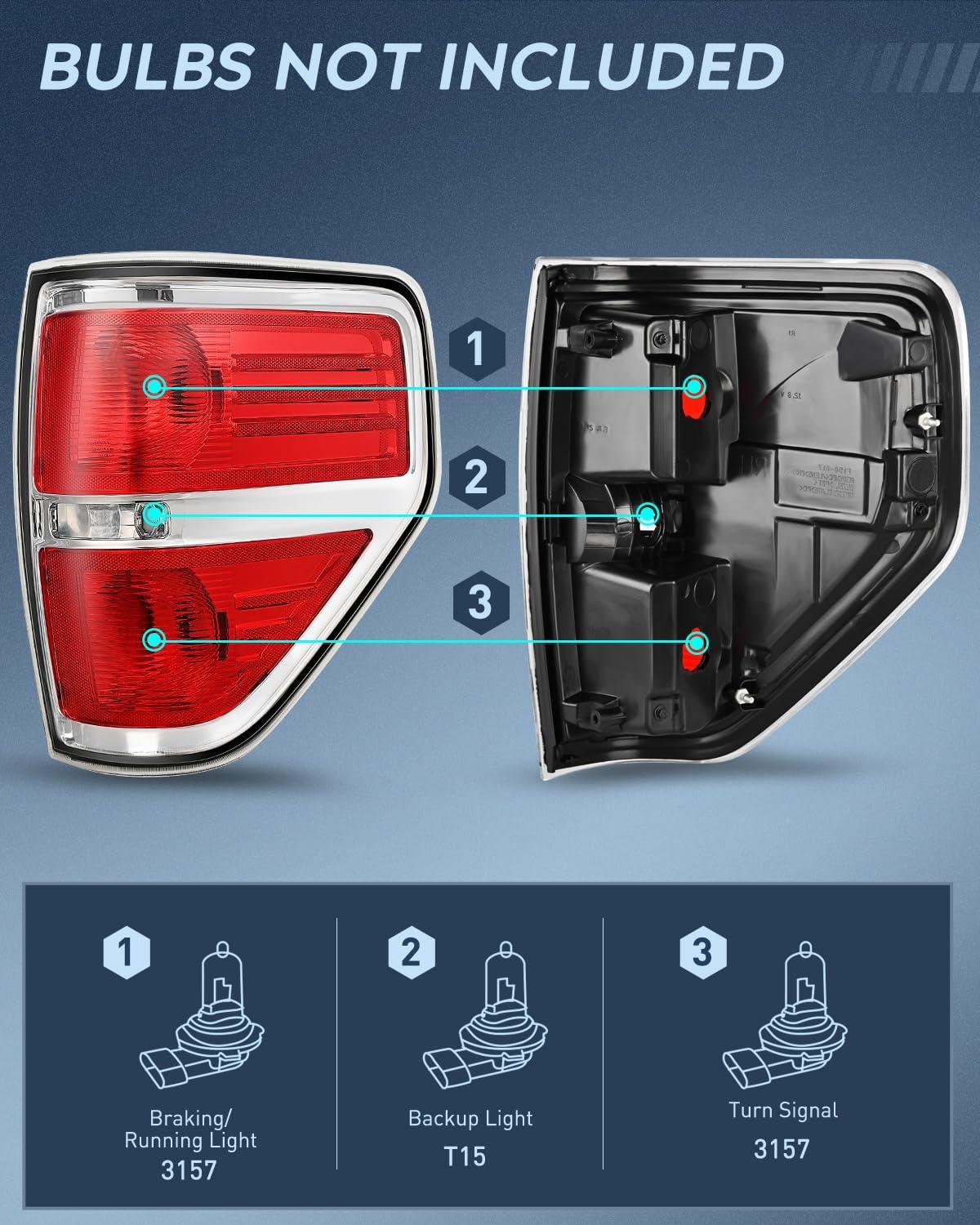 imageNilight Passenger Side Taillight Assembly for 2009 2010 2011 2012 2013 2014 Ford FF150 F150 Pickup Truck Right Rear Lamp Replacement OE Style Red Housing Tail lampChromePassenger Side