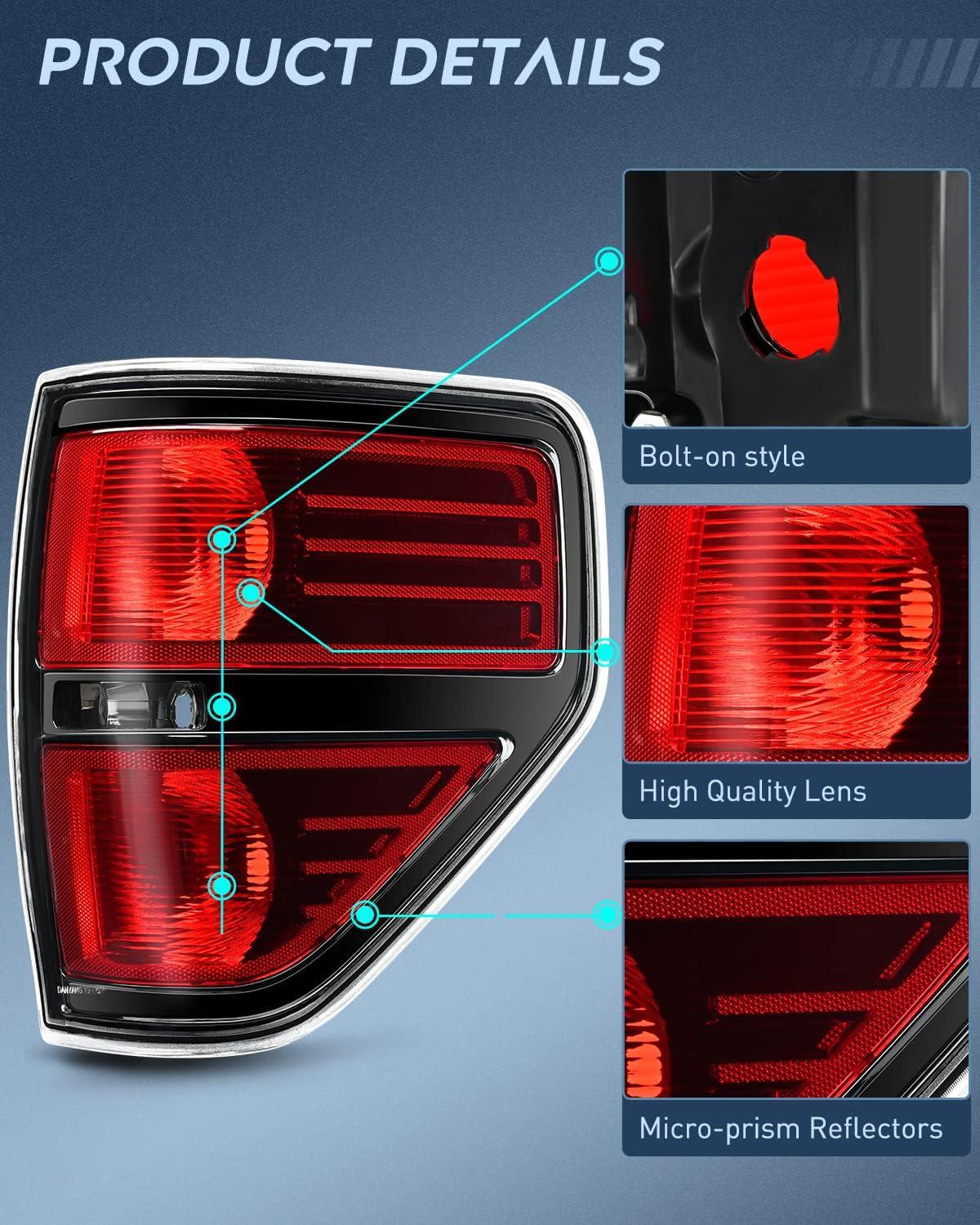 imageNilight Passenger Side Taillight Assembly for 2009 2010 2011 2012 2013 2014 Ford FF150 F150 Pickup Truck Right Rear Lamp Replacement OE Style Red Housing Tail lampBlackPair of Driver and Passenger Side