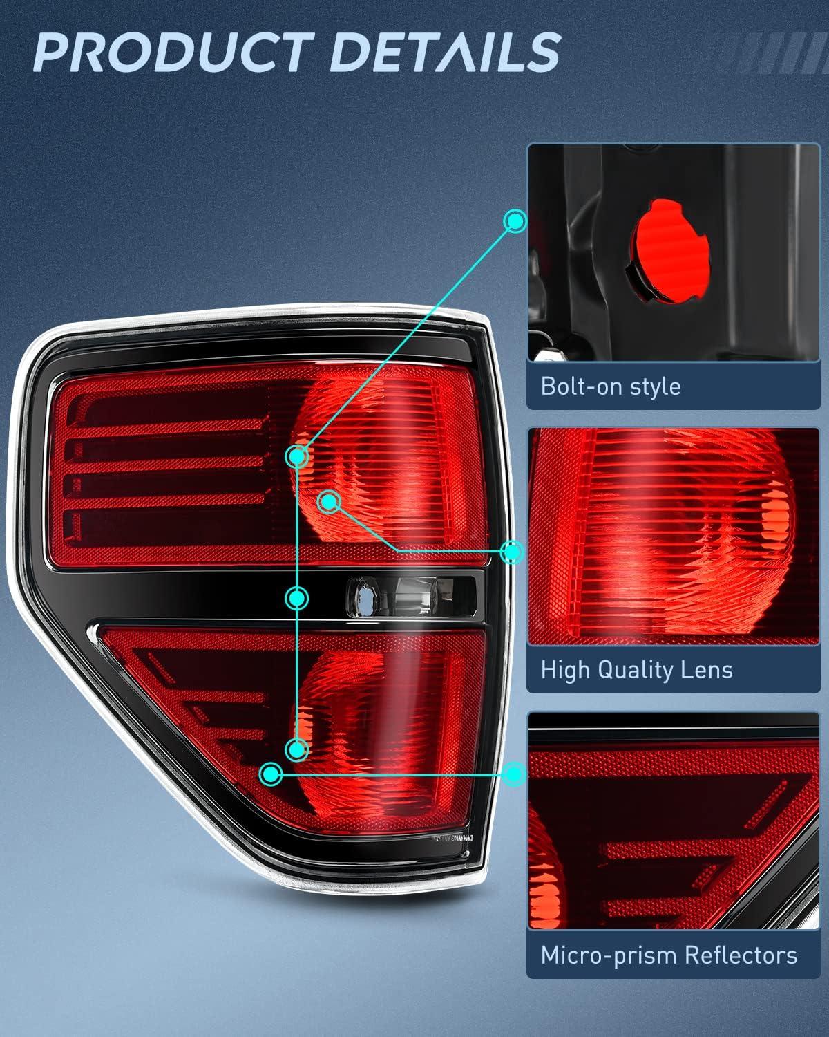 imageNilight Passenger Side Taillight Assembly for 2009 2010 2011 2012 2013 2014 Ford FF150 F150 Pickup Truck Right Rear Lamp Replacement OE Style Red Housing Tail lampBlackDriver Side