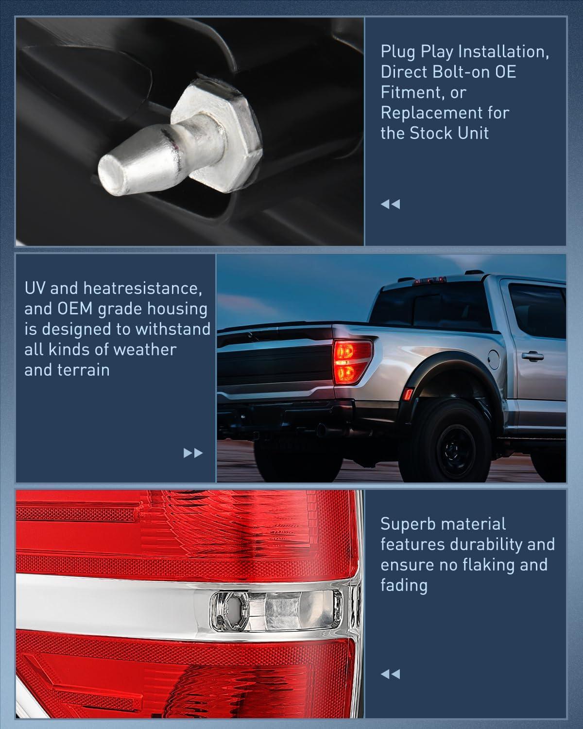 imageNilight Passenger Side Taillight Assembly for 2009 2010 2011 2012 2013 2014 Ford FF150 F150 Pickup Truck Right Rear Lamp Replacement OE Style Red Housing Tail lampChromePair of Driver and Passenger Side