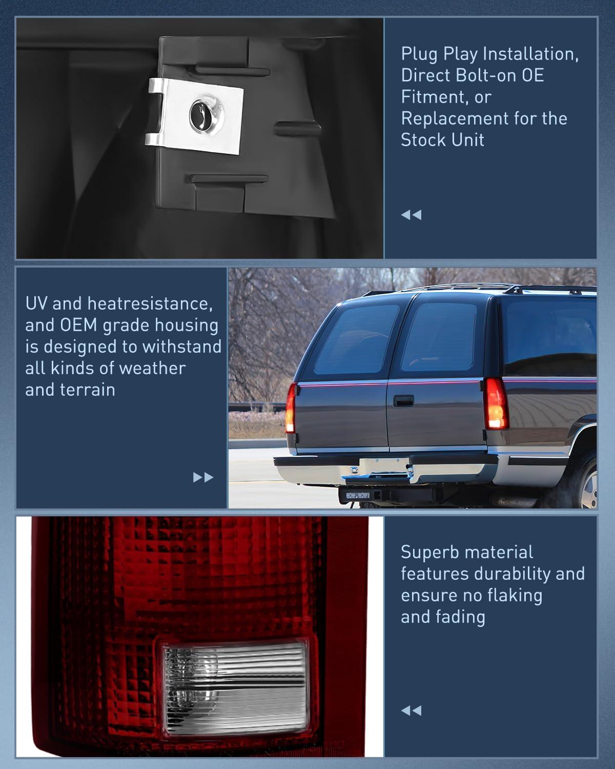 imageNilight Taillight Assembly Compatible with 1988 1989 1990 1991 1992 1993 1994 1995 1996 1997 1998 1999 Chevy GMC CK Suburban Blazer Tahoe Yukon 1999 2000 Silverado Sierra Cadillac EscaladeDark RedPair of Driver and Passenger Side