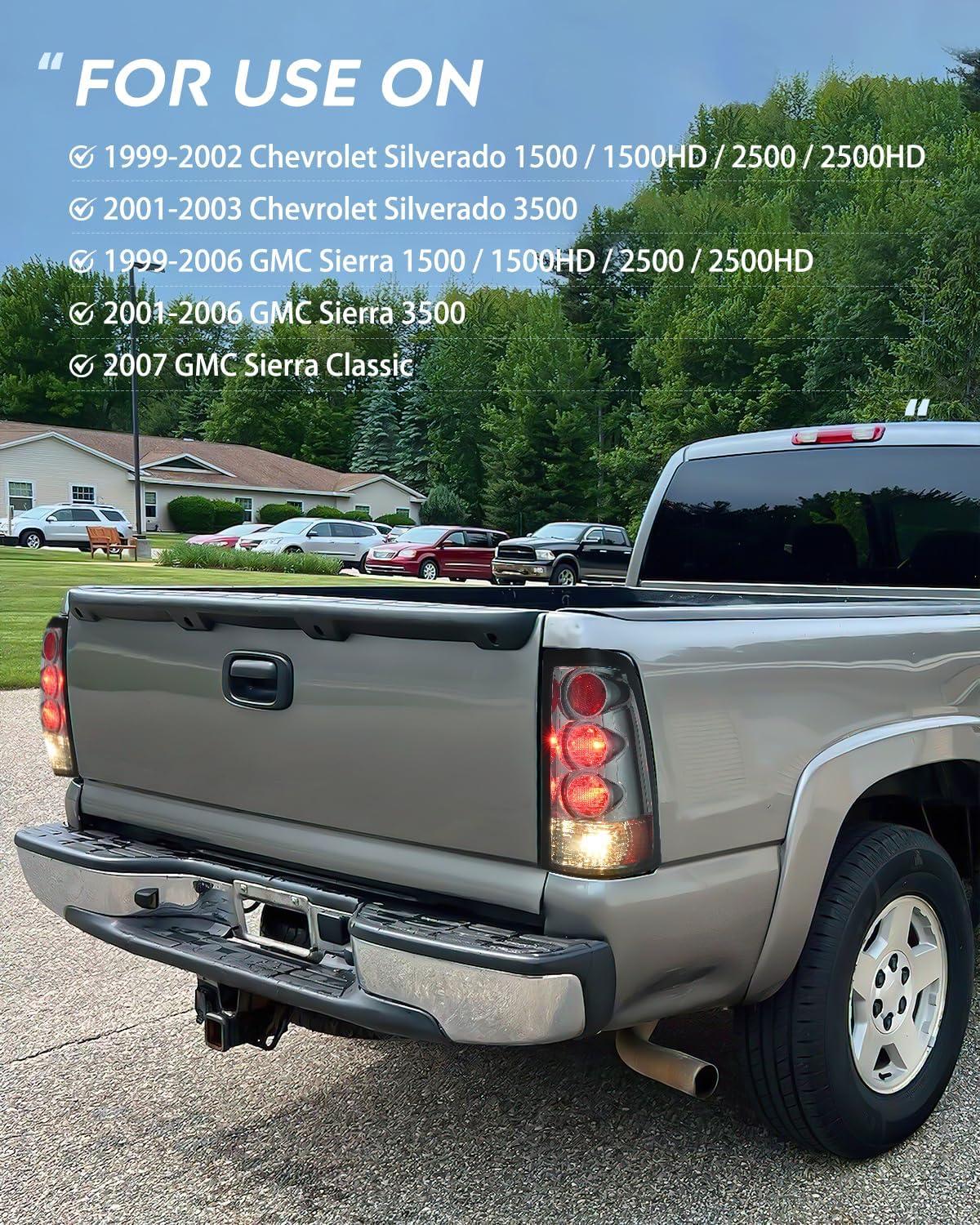 imageNilight Taillight Assembly Compatible with 1999 2000 2001 2002 2003 2004 2005 2006 GMC Sierra 19992002 Chevy Silverado Smoke Housing Rear Lamp Replacement Only Fits Fleetside ModelsSmoke Lens