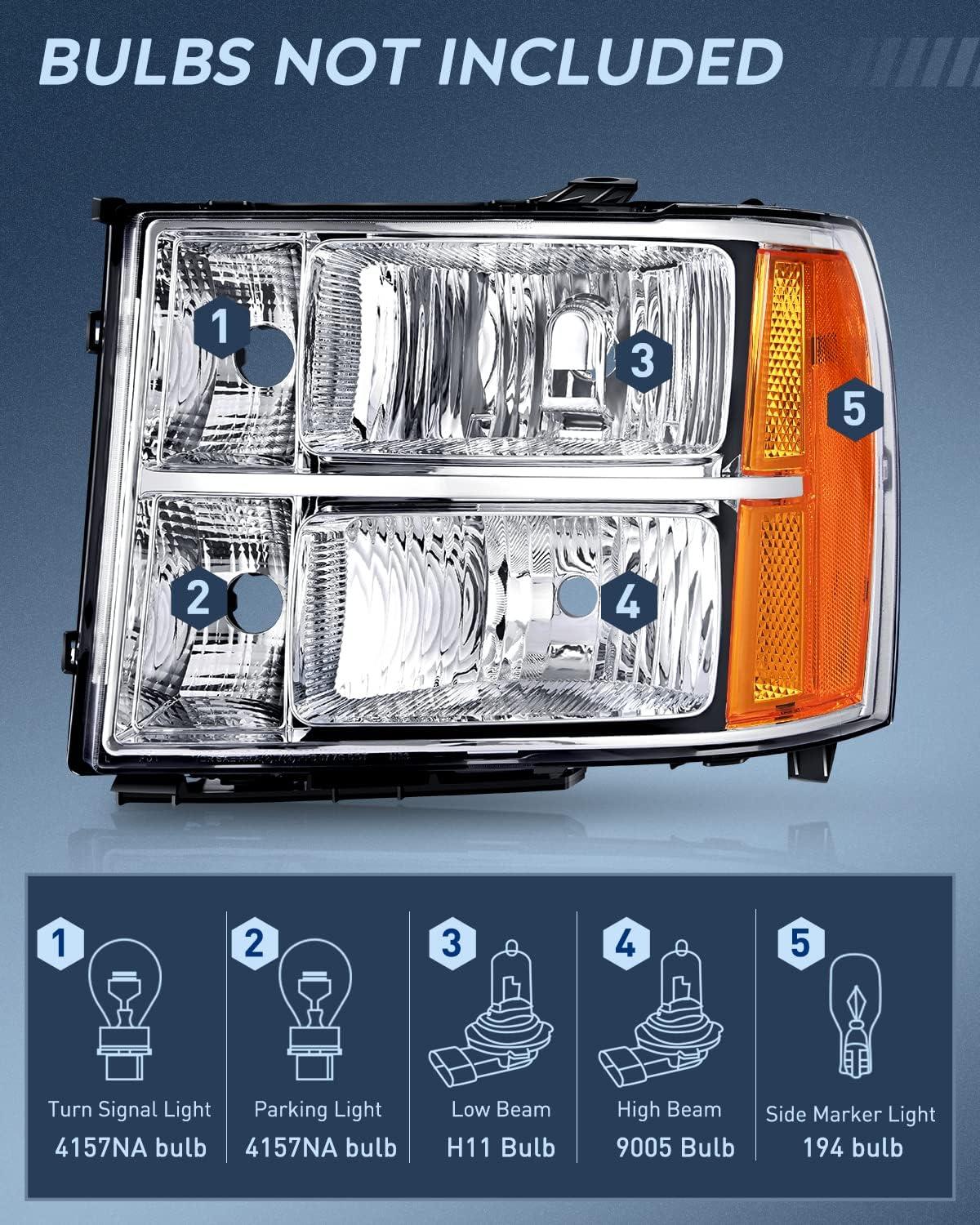 imageNilight Taillight Assembly Compatible with 2007 2008 2009 2010 2011 2012 2013 GMC Sierra 1500 2500HD 3500HD Rear Lamp Replacement OE Style Driver SideChrome Housing  Amber Reflector