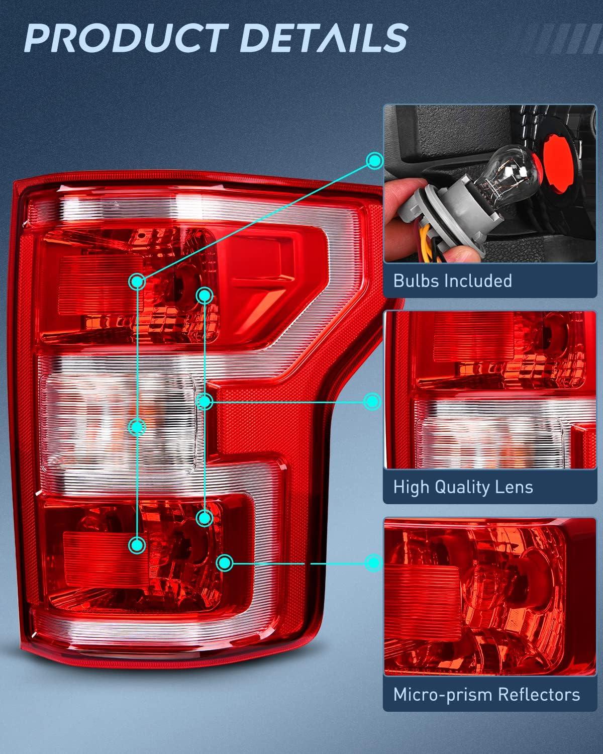 imageNilight Taillight Assembly Compatible with 2018 2019 2020 Ford F150 F150 Pickup Truck Rear Lamp Replacement OE Style Red Housing with Bulbs and Harness Driver and Passenger sidePassenger Side