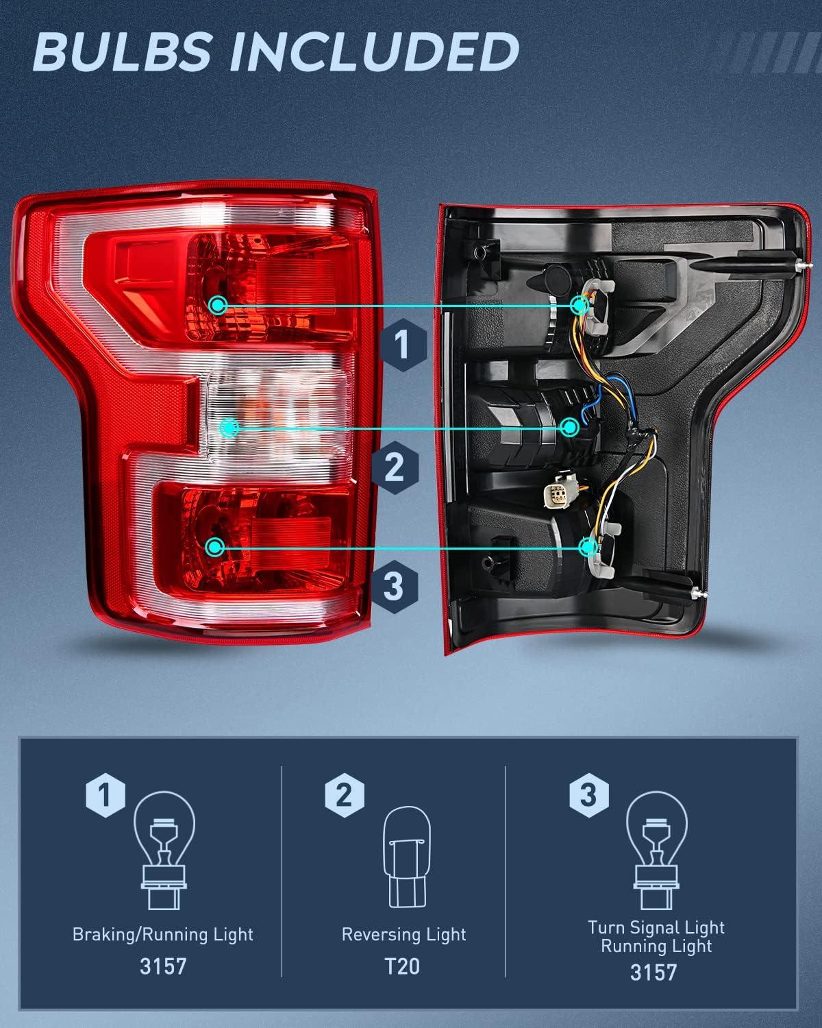 imageNilight Taillight Assembly Compatible with 2018 2019 2020 Ford F150 F150 Pickup Truck Rear Lamp Replacement OE Style Red Housing with Bulbs and Harness Driver and Passenger sideDriver Side