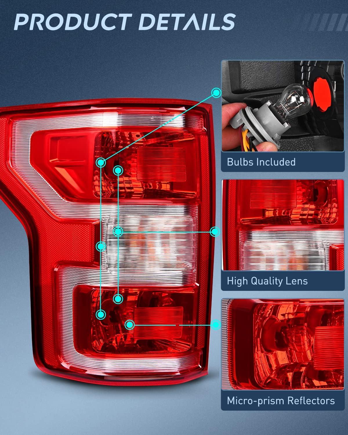 imageNilight Taillight Assembly Compatible with 2018 2019 2020 Ford F150 F150 Pickup Truck Rear Lamp Replacement OE Style Red Housing with Bulbs and Harness Driver and Passenger sideDriver Side