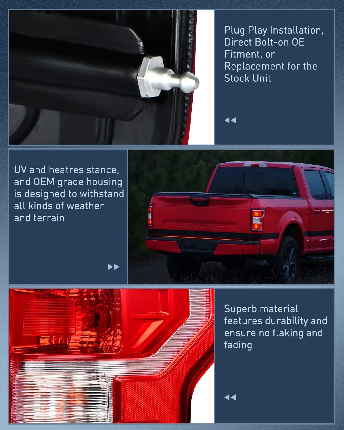 imageNilight Taillight Assembly Compatible with 2018 2019 2020 Ford F150 F150 Pickup Truck Rear Lamp Replacement OE Style Red Housing with Bulbs and Harness Driver and Passenger sidePassenger Side