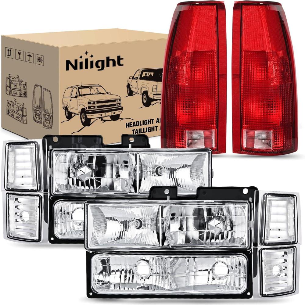 imageNilight Taillight Assembly Compatible with 1988 1989 1990 1991 1992 1993 1994 1995 1996 1997 1998 1999 Chevy GMC CK Suburban Blazer Tahoe Yukon 1999 2000 Silverado Sierra Cadillac EscaladeChrome Housing  Clear wTailight
