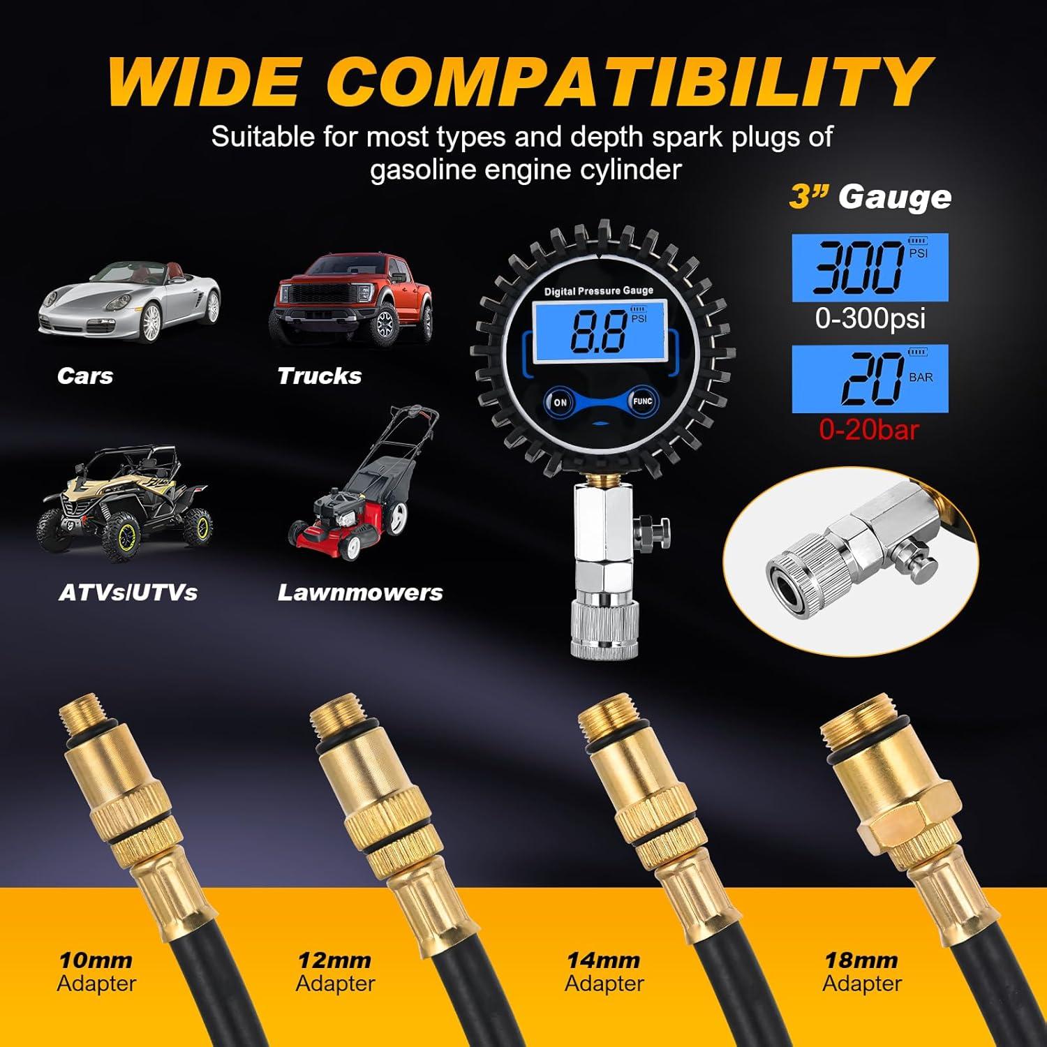 imageNilight Cylinder Leak Down Tester Gasoline Engine Compression Dual Gauge Leakdown Detector Automotive Tool Set with 10 12 14mm Spark PlugsDigital