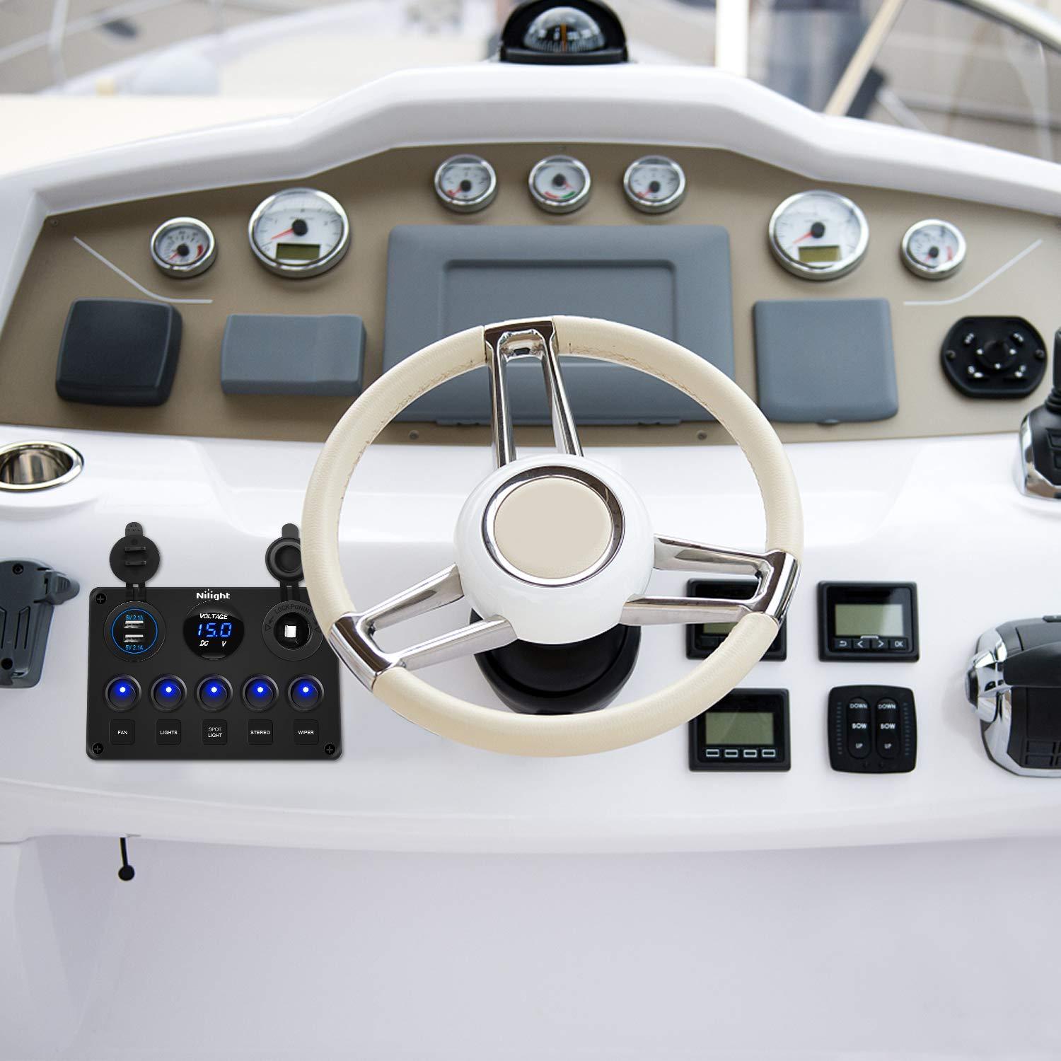 imageNilight  90125E 5 Gang Multi Function Rocker Switch Green Backlit Dual USB Charger  Digital Voltmeter 12V Outlet PreWired Switch Panel with Inline Fuse for RVs Cars Boats Trucks TrailersBlue