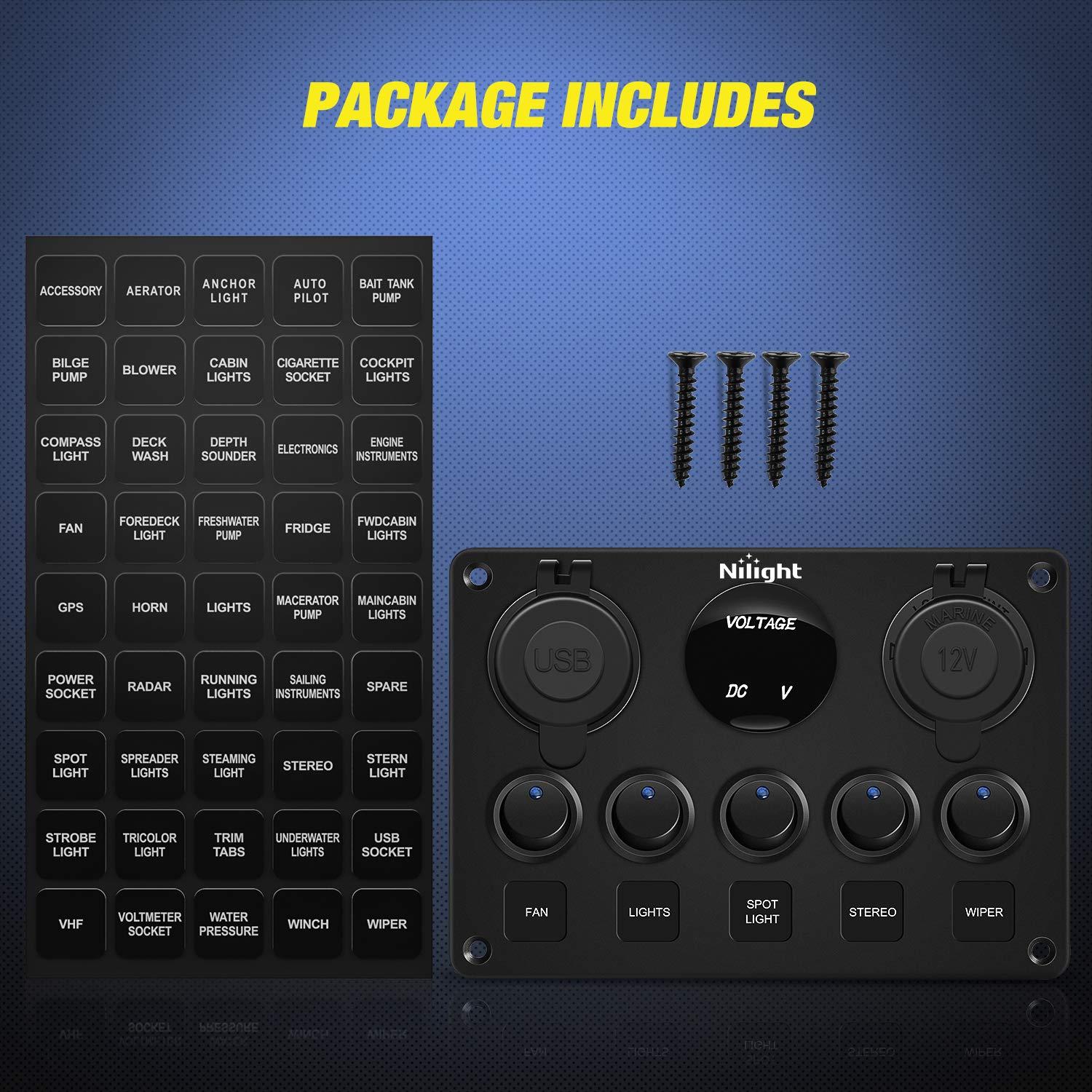 imageNilight  90125E 5 Gang Multi Function Rocker Switch Green Backlit Dual USB Charger  Digital Voltmeter 12V Outlet PreWired Switch Panel with Inline Fuse for RVs Cars Boats Trucks TrailersBlue