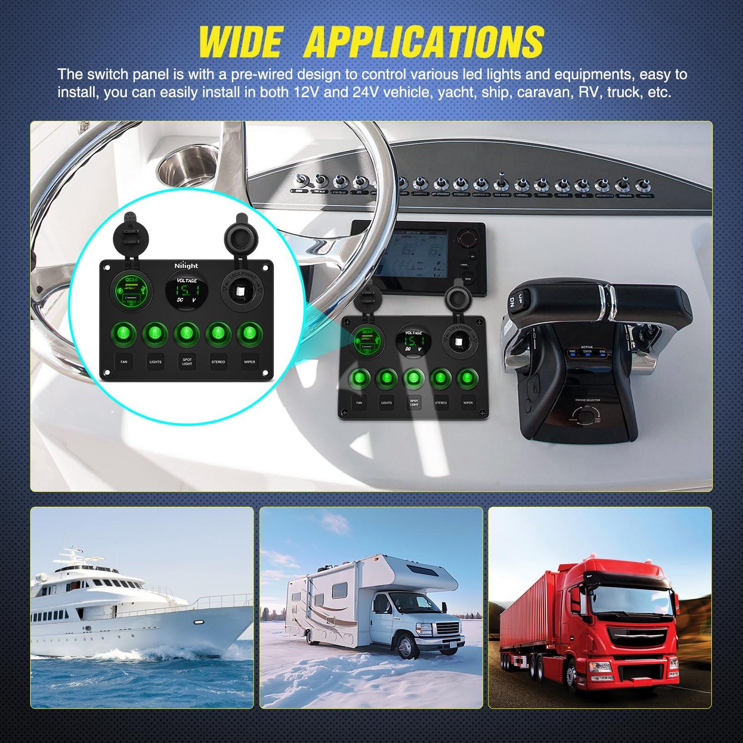 imageNilight  90125E 5 Gang Multi Function Rocker Switch Green Backlit Dual USB Charger  Digital Voltmeter 12V Outlet PreWired Switch Panel with Inline Fuse for RVs Cars Boats Trucks TrailersWaterproof Type C  USB Green