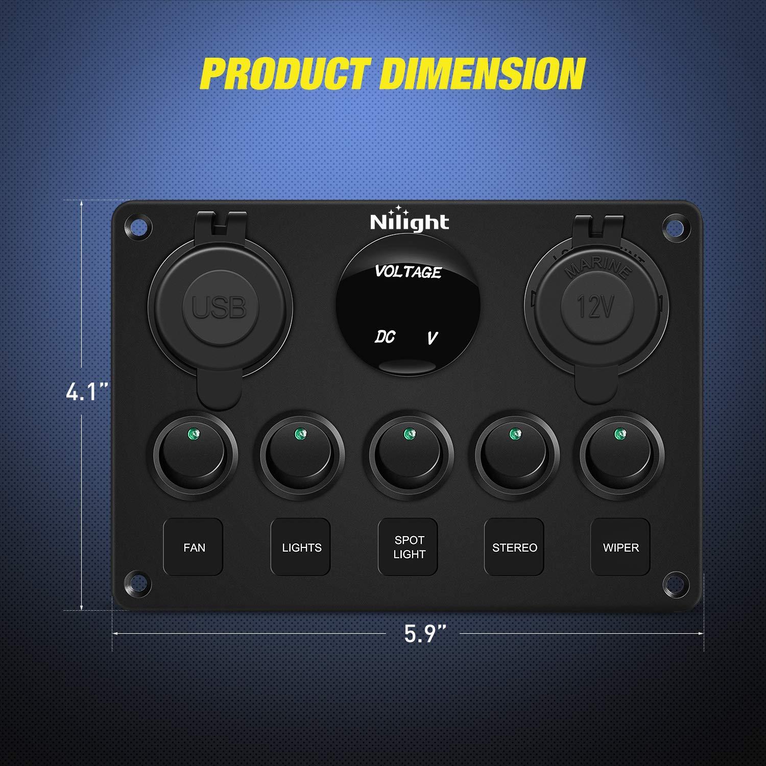 imageNilight  90125E 5 Gang Multi Function Rocker Switch Green Backlit Dual USB Charger  Digital Voltmeter 12V Outlet PreWired Switch Panel with Inline Fuse for RVs Cars Boats Trucks TrailersGreen