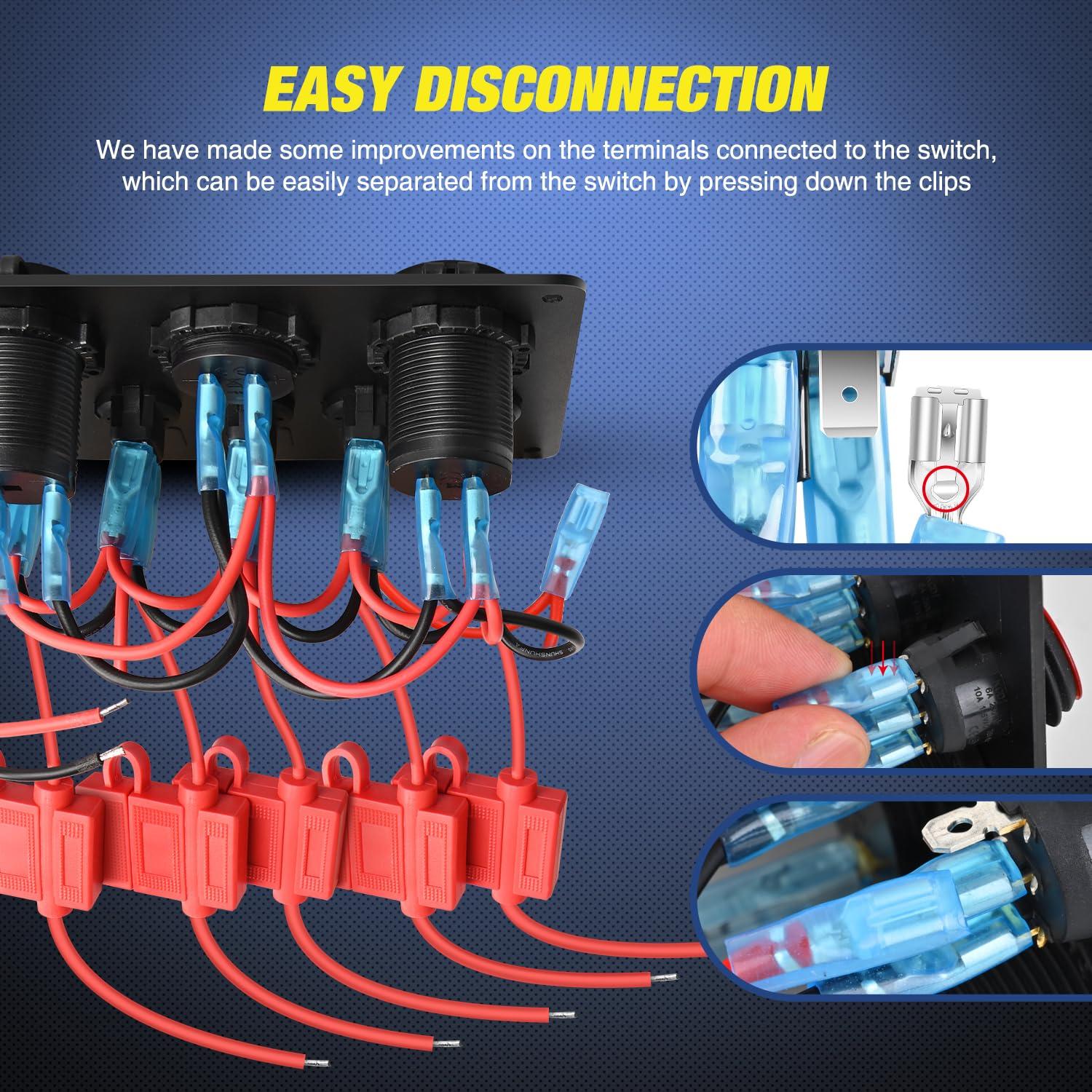 imageNilight  90125E 5 Gang Multi Function Rocker Switch Green Backlit Dual USB Charger  Digital Voltmeter 12V Outlet PreWired Switch Panel with Inline Fuse for RVs Cars Boats Trucks TrailersWaterproof Type C  USB Red