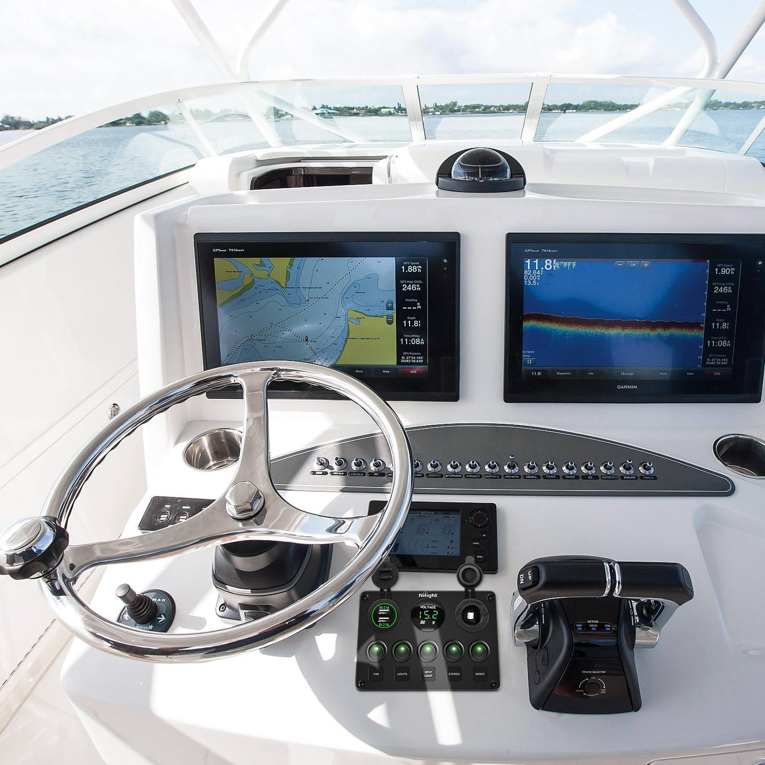 imageNilight  90125E 5 Gang Multi Function Rocker Switch Green Backlit Dual USB Charger  Digital Voltmeter 12V Outlet PreWired Switch Panel with Inline Fuse for RVs Cars Boats Trucks TrailersGreen