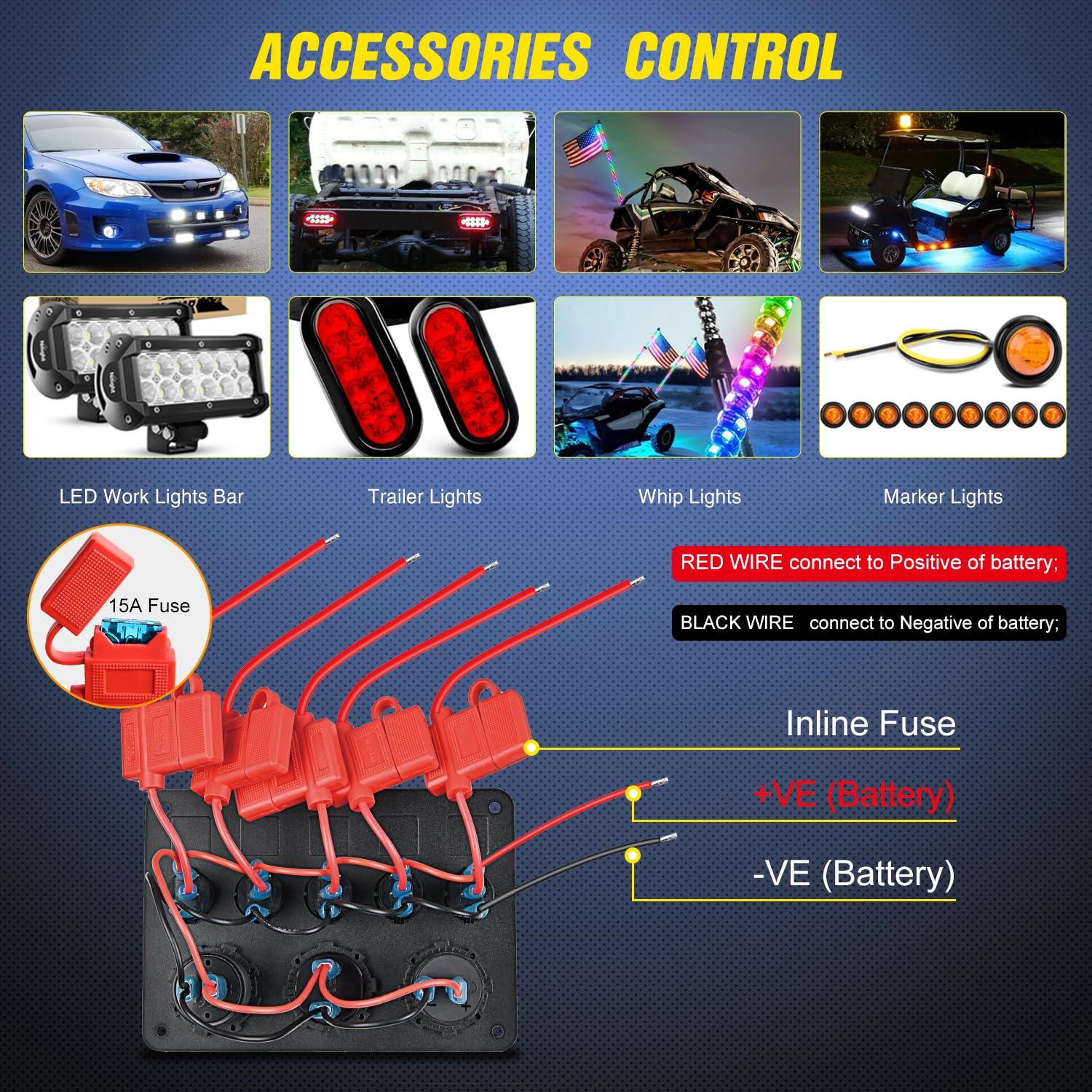 imageNilight  90125E 5 Gang Multi Function Rocker Switch Green Backlit Dual USB Charger  Digital Voltmeter 12V Outlet PreWired Switch Panel with Inline Fuse for RVs Cars Boats Trucks TrailersWaterproof Type C  USB Green