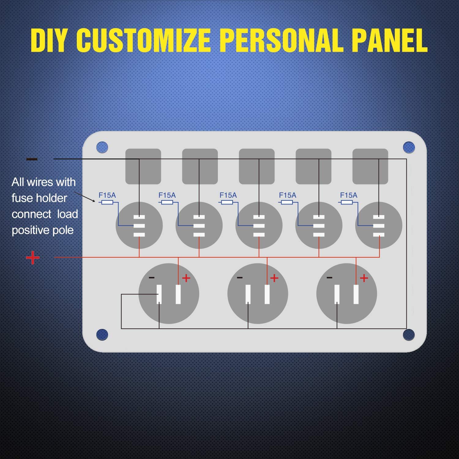 imageNilight  90125E 5 Gang Multi Function Rocker Switch Green Backlit Dual USB Charger  Digital Voltmeter 12V Outlet PreWired Switch Panel with Inline Fuse for RVs Cars Boats Trucks TrailersBlue