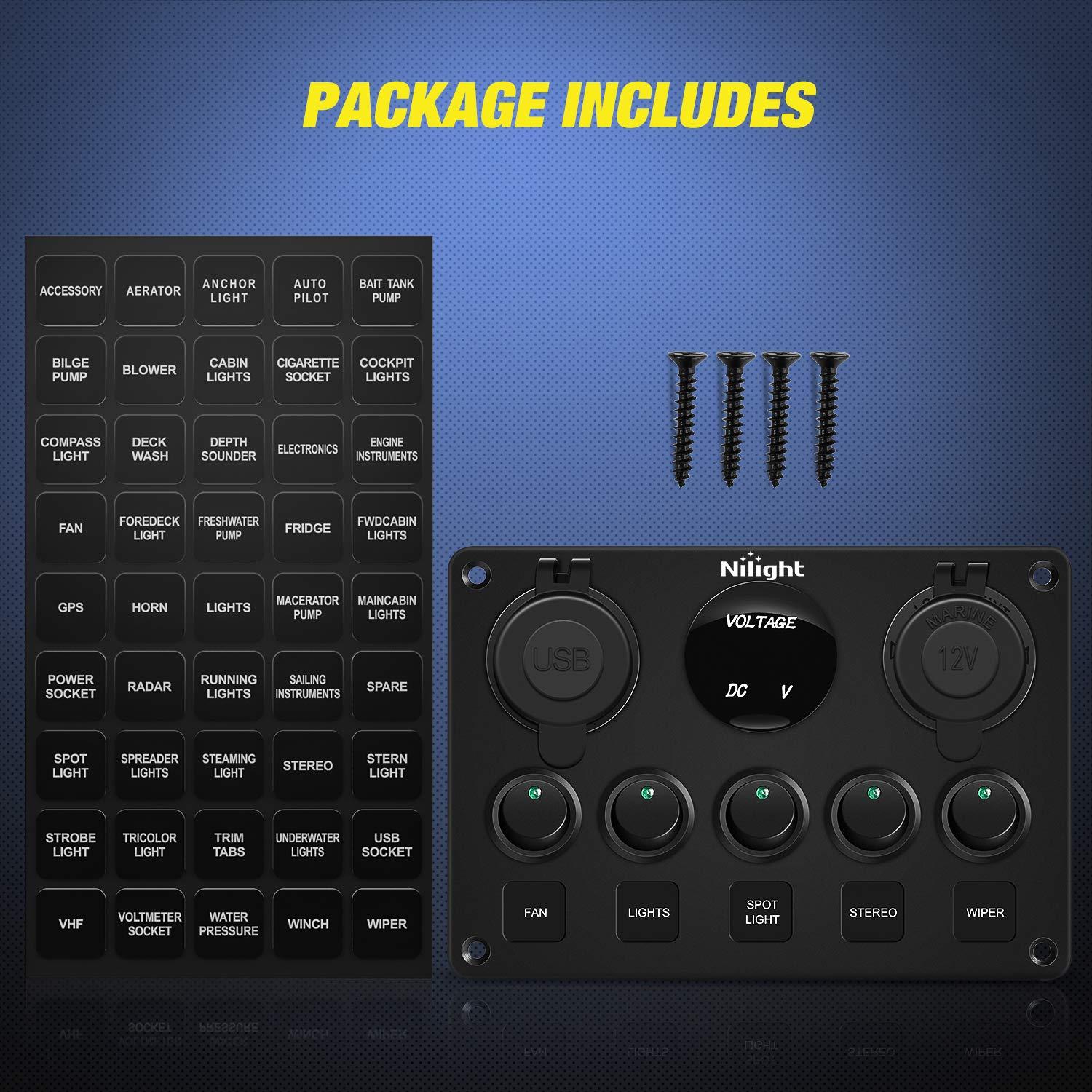 imageNilight  90125E 5 Gang Multi Function Rocker Switch Green Backlit Dual USB Charger  Digital Voltmeter 12V Outlet PreWired Switch Panel with Inline Fuse for RVs Cars Boats Trucks TrailersGreen