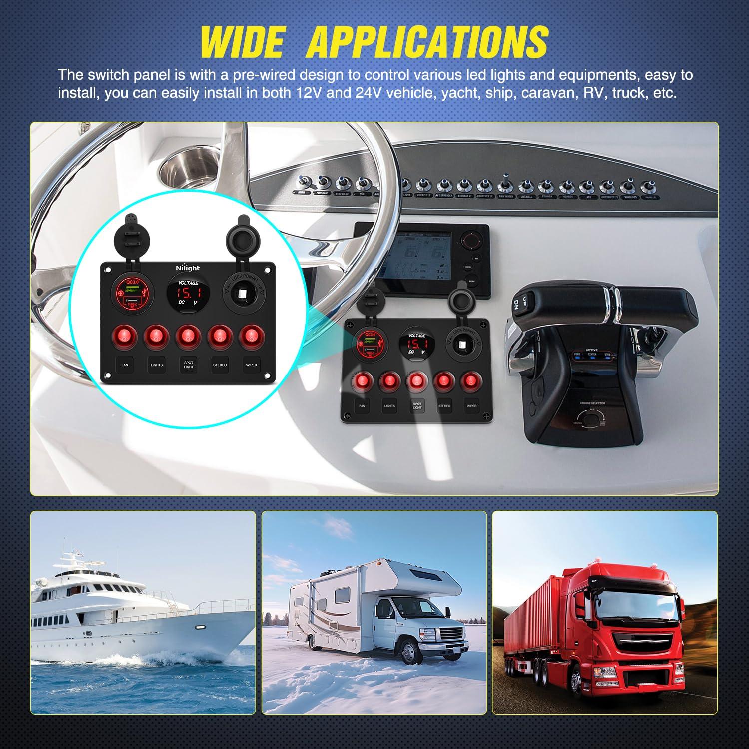 imageNilight  90125E 5 Gang Multi Function Rocker Switch Green Backlit Dual USB Charger  Digital Voltmeter 12V Outlet PreWired Switch Panel with Inline Fuse for RVs Cars Boats Trucks TrailersWaterproof Type C  USB Red