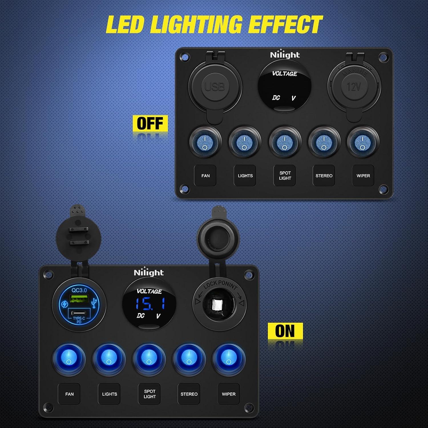 imageNilight  90125E 5 Gang Multi Function Rocker Switch Green Backlit Dual USB Charger  Digital Voltmeter 12V Outlet PreWired Switch Panel with Inline Fuse for RVs Cars Boats Trucks TrailersWaterproof Type C  USB Blue