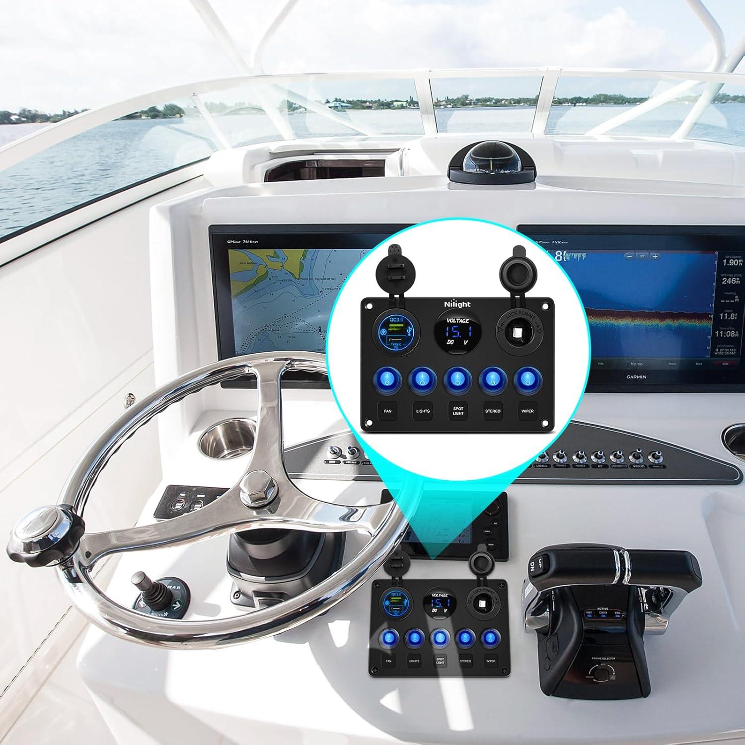 imageNilight  90125E 5 Gang Multi Function Rocker Switch Green Backlit Dual USB Charger  Digital Voltmeter 12V Outlet PreWired Switch Panel with Inline Fuse for RVs Cars Boats Trucks TrailersWaterproof Type C  USB Blue