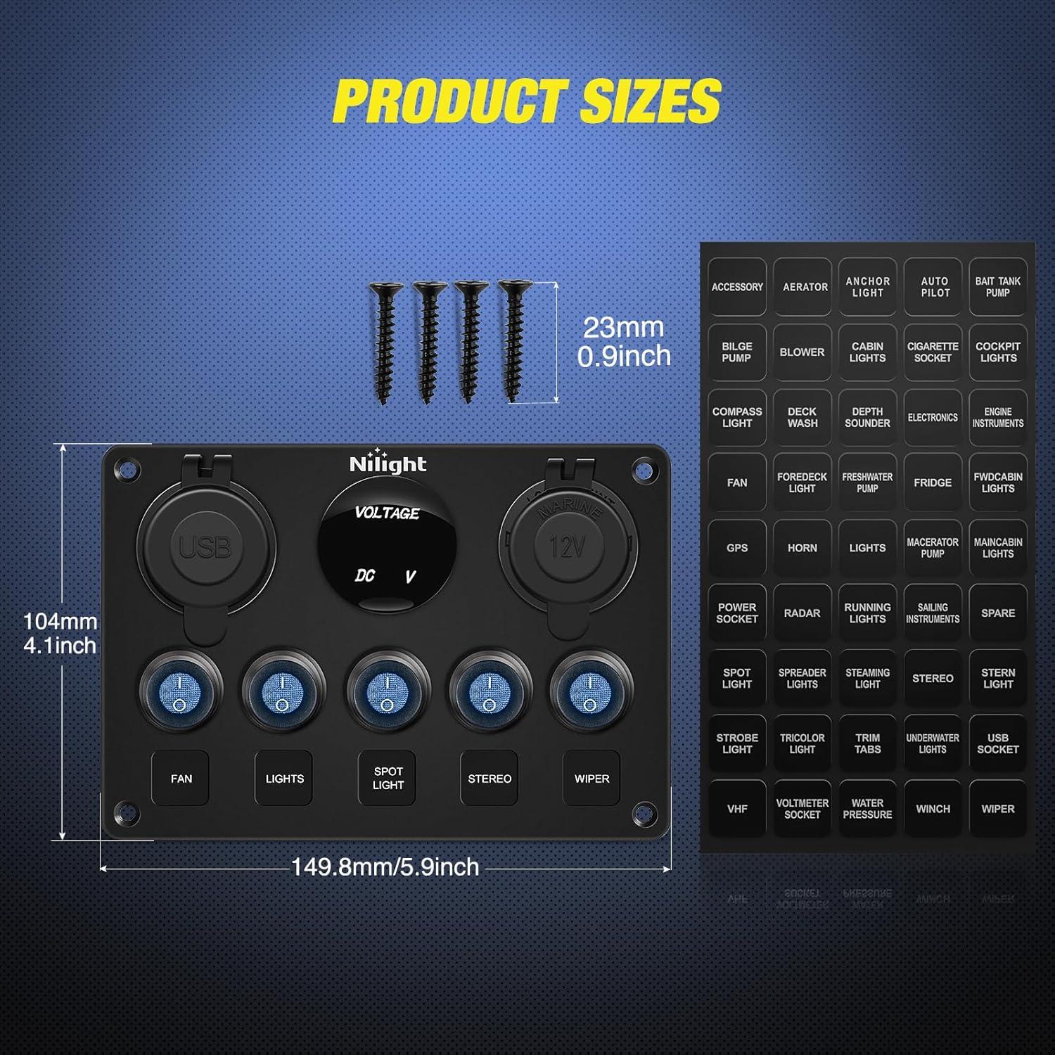 imageNilight  90125E 5 Gang Multi Function Rocker Switch Green Backlit Dual USB Charger  Digital Voltmeter 12V Outlet PreWired Switch Panel with Inline Fuse for RVs Cars Boats Trucks TrailersWaterproof Type C  USB Blue