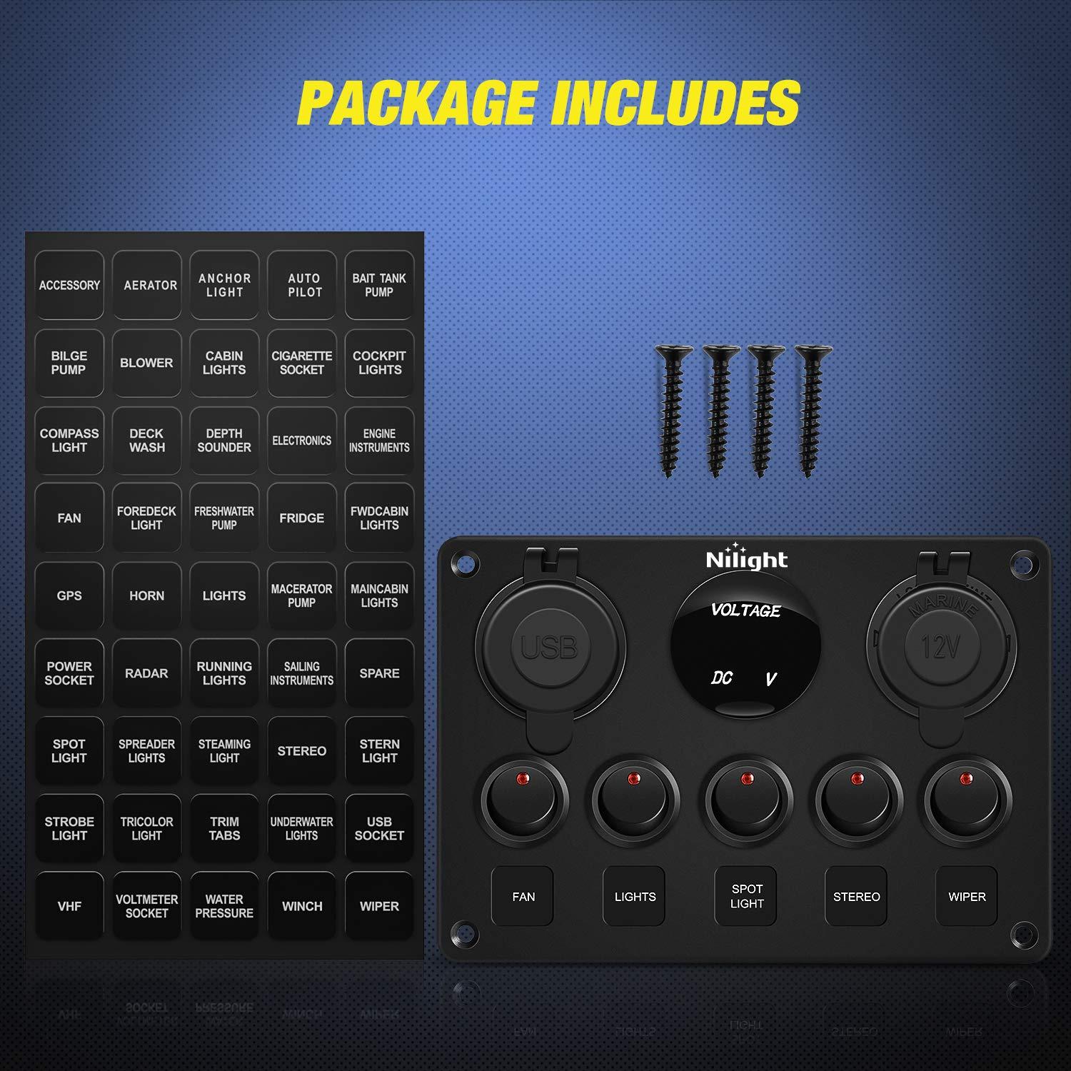 imageNilight  90125E 5 Gang Multi Function Rocker Switch Green Backlit Dual USB Charger  Digital Voltmeter 12V Outlet PreWired Switch Panel with Inline Fuse for RVs Cars Boats Trucks TrailersRed