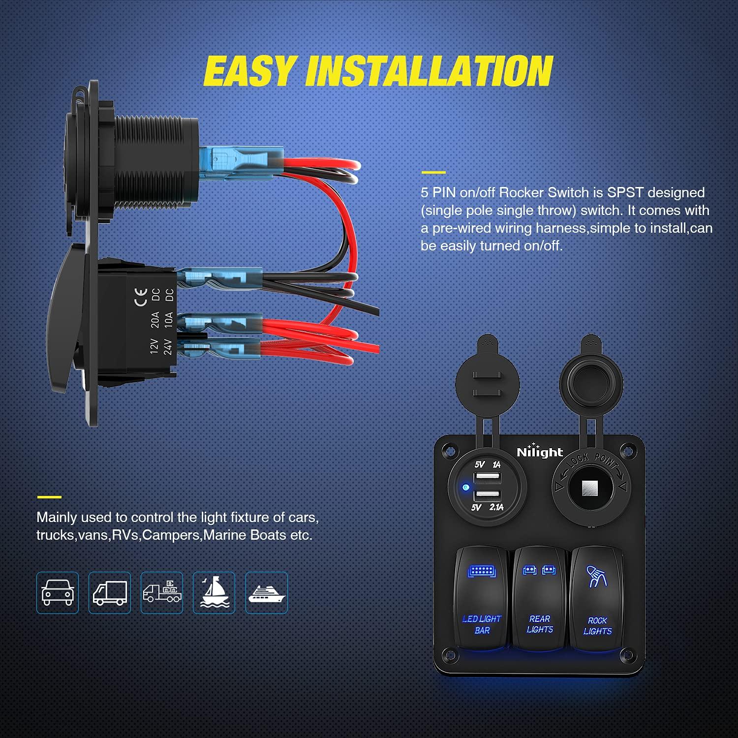 imageNilight  Gang Rocker Switch Panel with USB Charger and Cigarette Lighter 12V 24V Toggle LED Light Bar Rear Lights Rock Switches for Cars Rvs Trucks3 Gang USBCigar Lighter Socket