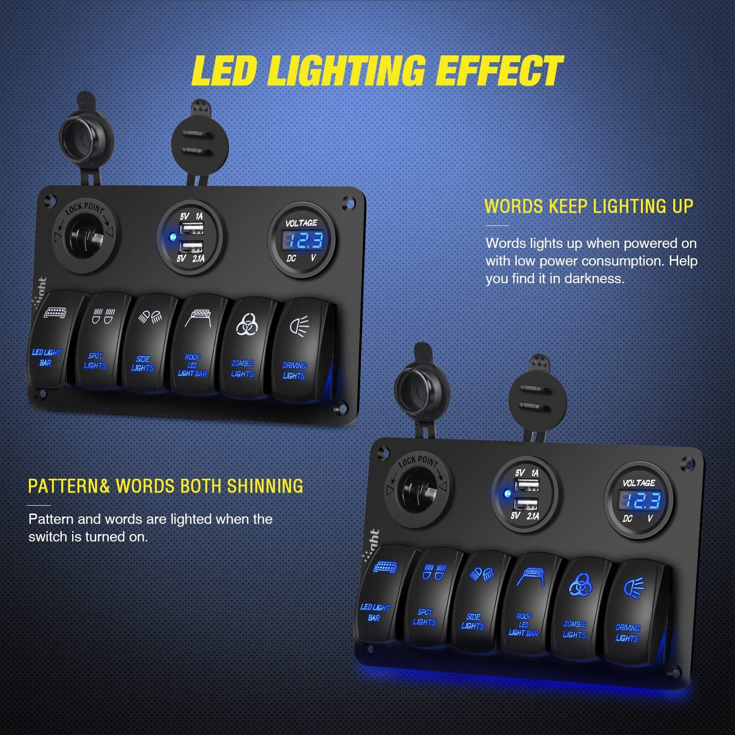 imageNilight  Gang Rocker Switch Panel with USB Charger and Cigarette Lighter 12V 24V Toggle LED Light Bar Rear Lights Rock Switches for Cars Rvs Trucks6 Gang