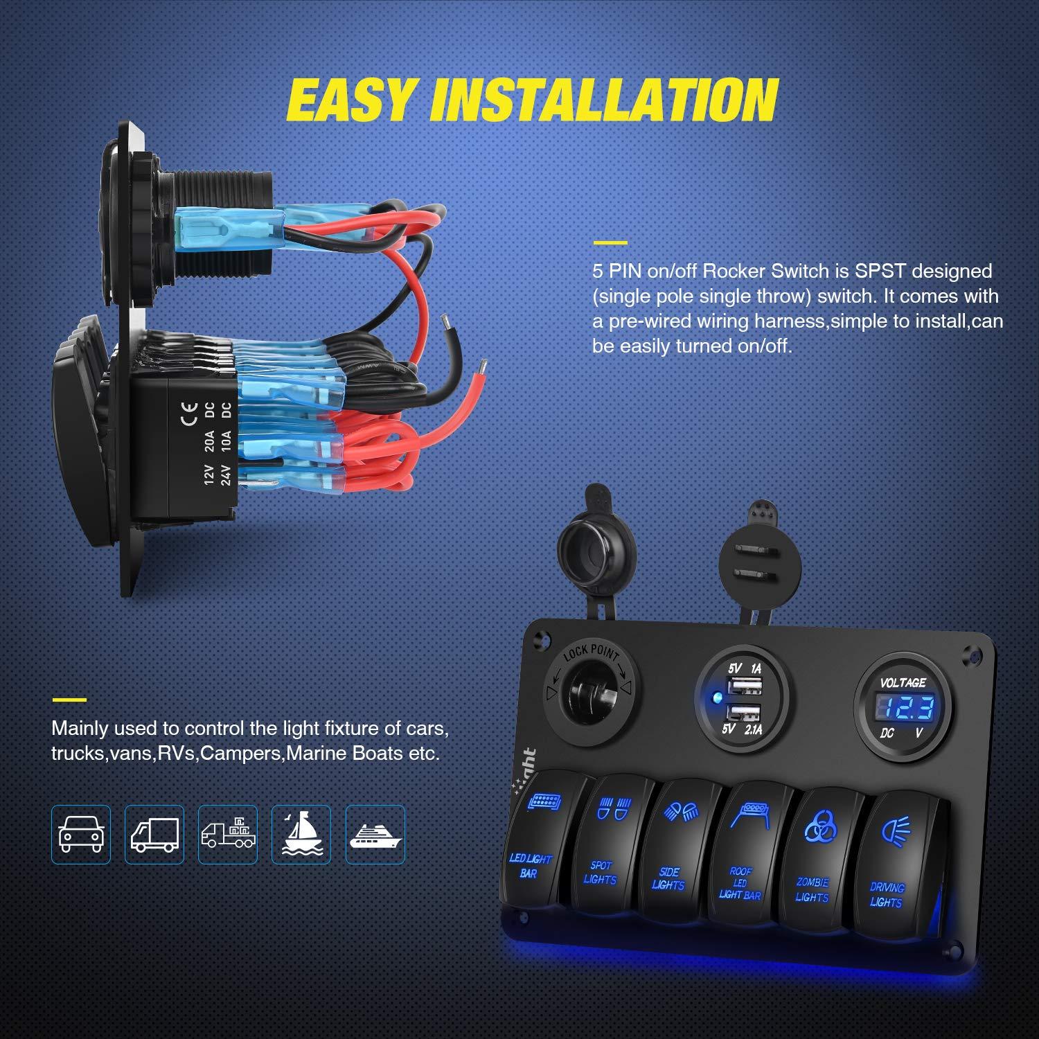 imageNilight  Gang Rocker Switch Panel with USB Charger and Cigarette Lighter 12V 24V Toggle LED Light Bar Rear Lights Rock Switches for Cars Rvs Trucks6 Gang