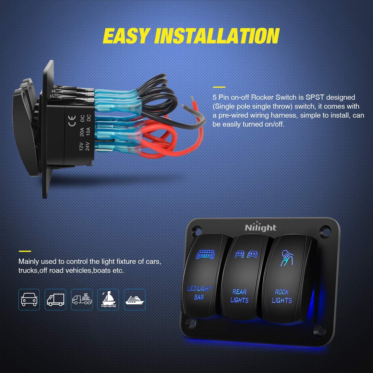 imageNilight 3 Gang Rocker Switch Panel Aluminum 5 Pin ON Off Toggle LED Light Bar SPST 12V24V Green Switches for Marine BoatsCarsATVsUTVsBlue