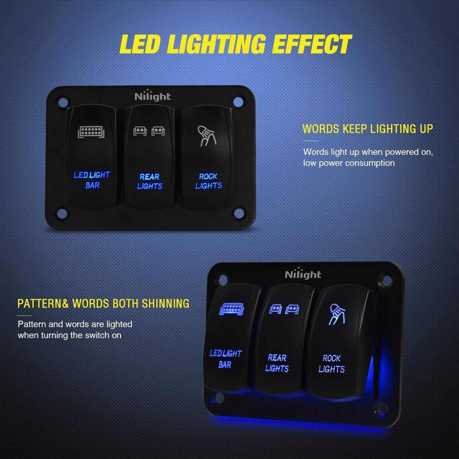 imageNilight 3 Gang Rocker Switch Panel Aluminum 5 Pin ON Off Toggle LED Light Bar SPST 12V24V Green Switches for Marine BoatsCarsATVsUTVsBlue