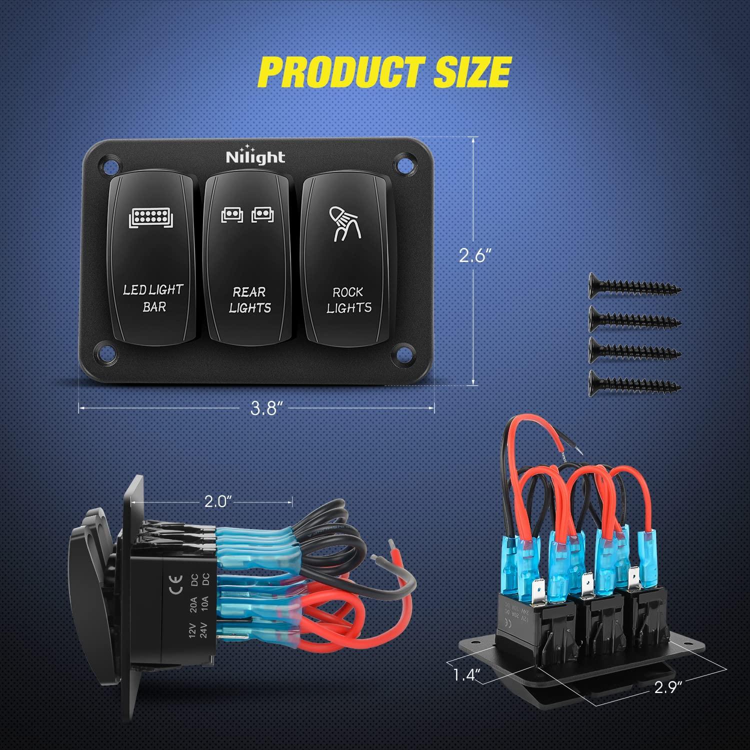 imageNilight 3 Gang Rocker Switch Panel Aluminum 5 Pin ON Off Toggle LED Light Bar SPST 12V24V Green Switches for Marine BoatsCarsATVsUTVsBlue