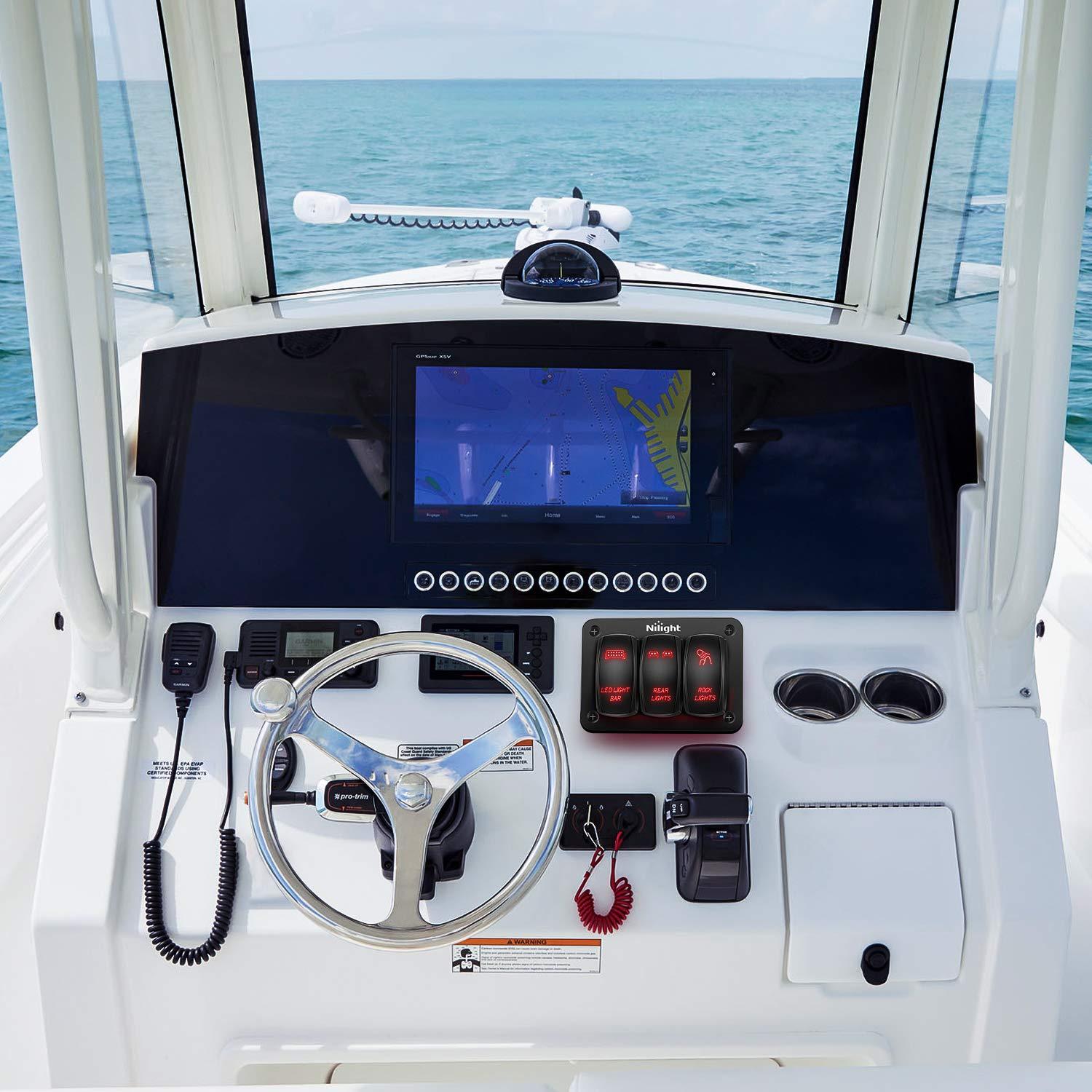 imageNilight 3 Gang Rocker Switch Panel Aluminum 5 Pin ON Off Toggle LED Light Bar SPST 12V24V Green Switches for Marine BoatsCarsATVsUTVsRed