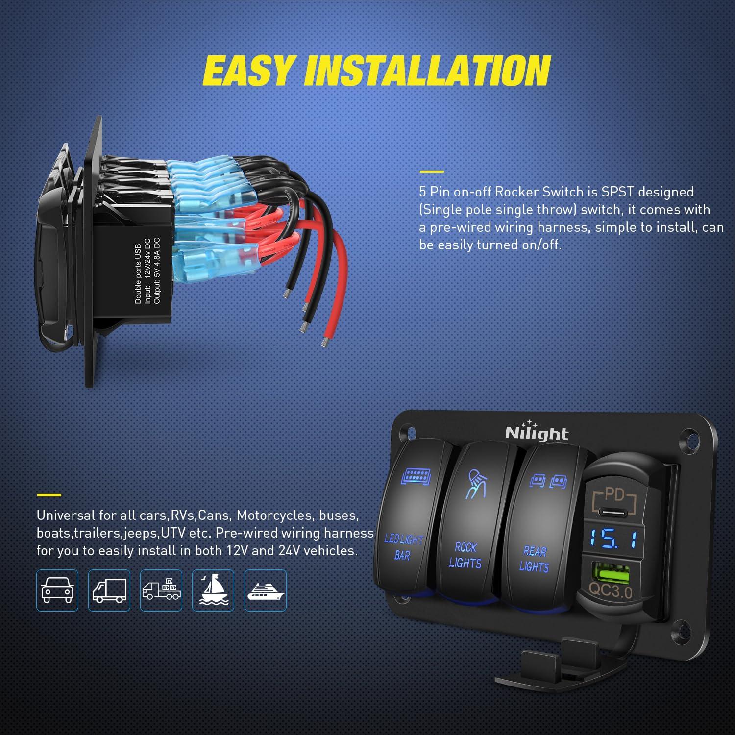 imageNilight 3 Gang Rocker Switch Panel Aluminum 5 Pin ON Off Toggle LED Light Bar SPST 12V24V Green Switches for Marine BoatsCarsATVsUTVsType C USB Blue