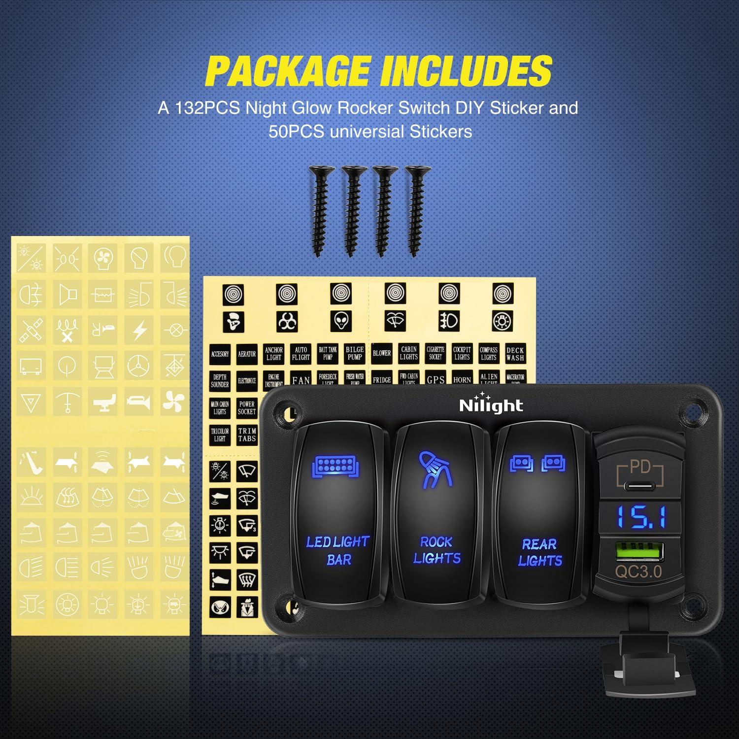 imageNilight 3 Gang Rocker Switch Panel Aluminum 5 Pin ON Off Toggle LED Light Bar SPST 12V24V Green Switches for Marine BoatsCarsATVsUTVsType C USB Blue