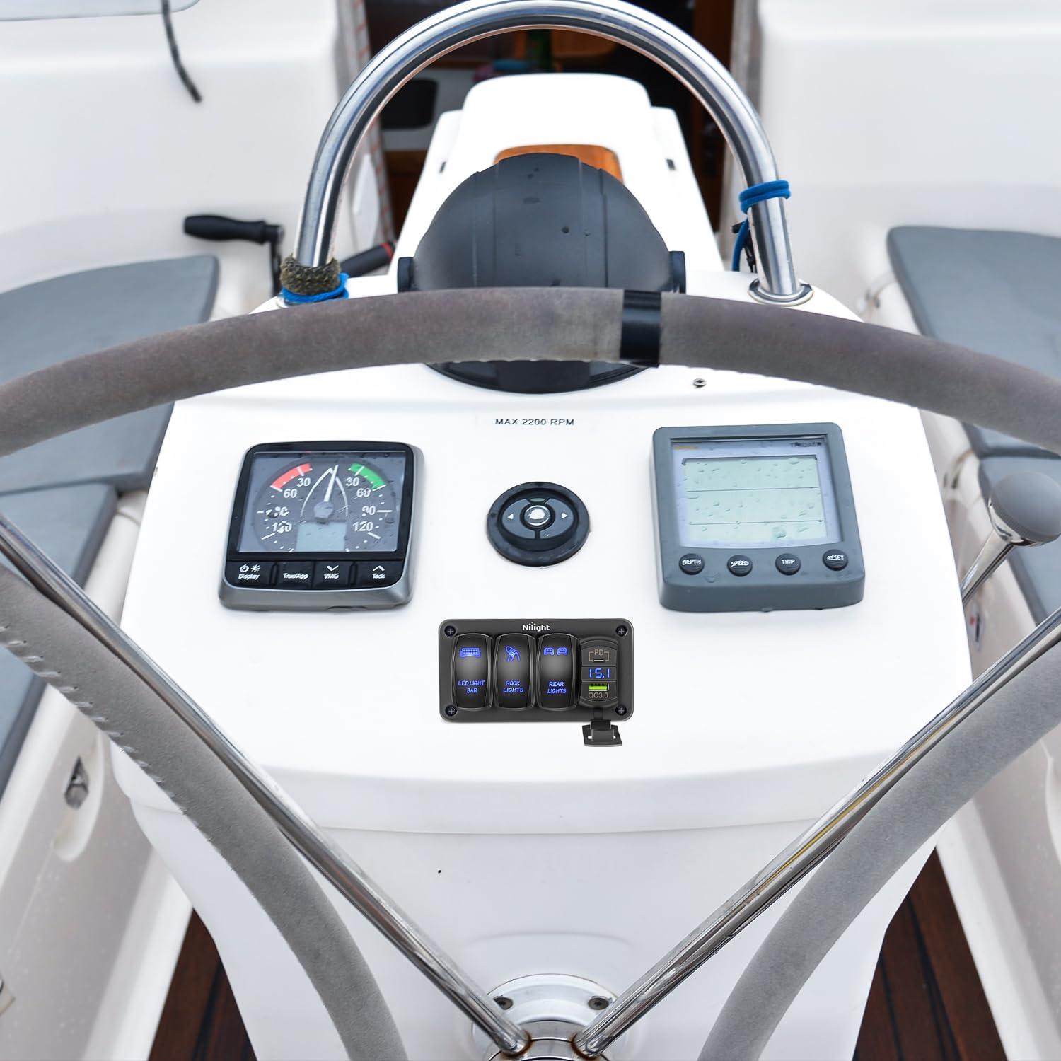 imageNilight 3 Gang Rocker Switch Panel Aluminum 5 Pin ON Off Toggle LED Light Bar SPST 12V24V Green Switches for Marine BoatsCarsATVsUTVsType C USB Blue