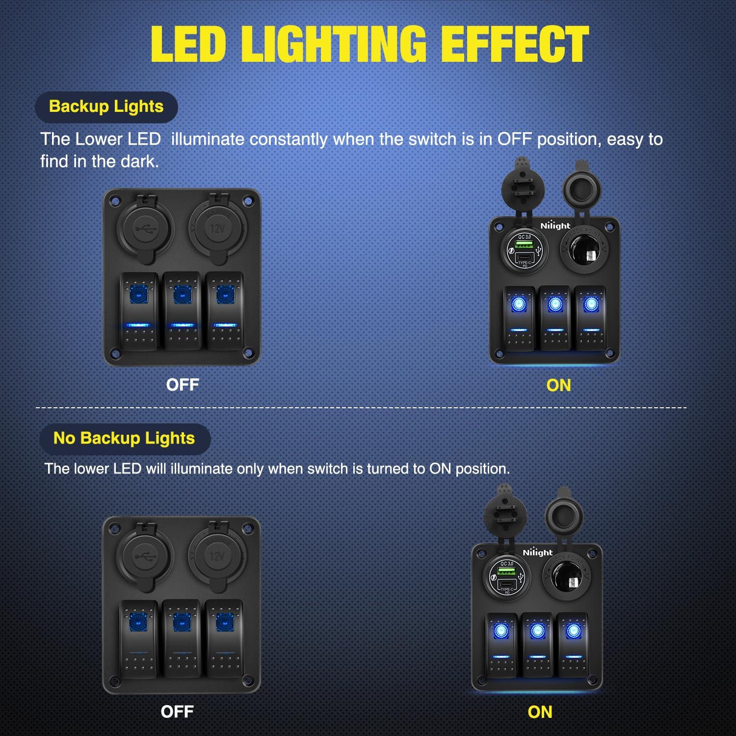 imageNilight 3 Gang Rocker Switch Panel with USB Charger and Cigar Lighter 12V 24V Toggle ON Off Green Night Glow Stickers for Cars Rvs TrucksType C  USB Blue