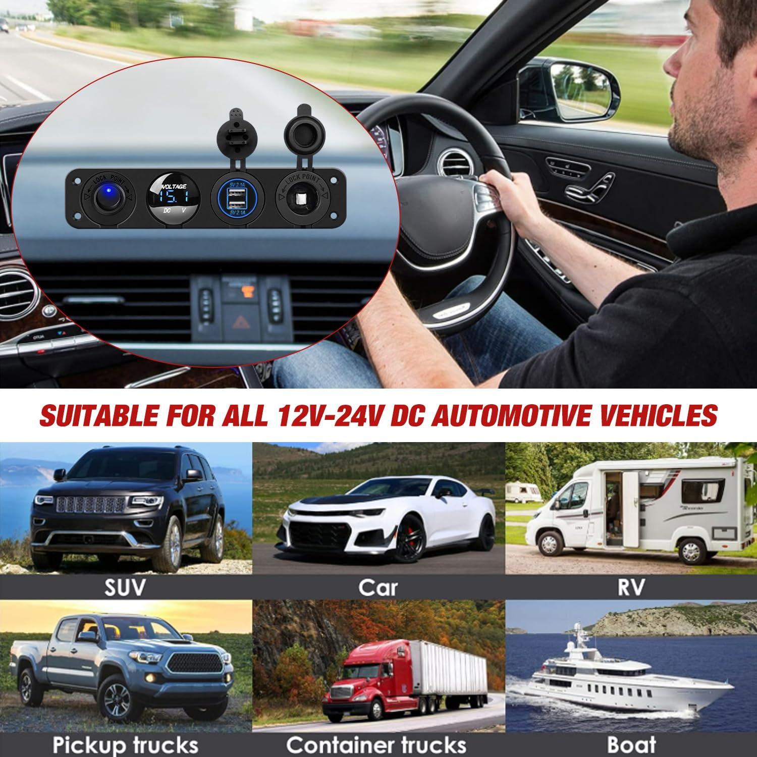 imageNilight 4 in 1 Outlet Socket Panel 12V DC 48A Dual USB 12 Volt Cigarette Lighter LED Voltmeter ON Off Rocker Toggle Switch for Marine Boat Truck CarBlue