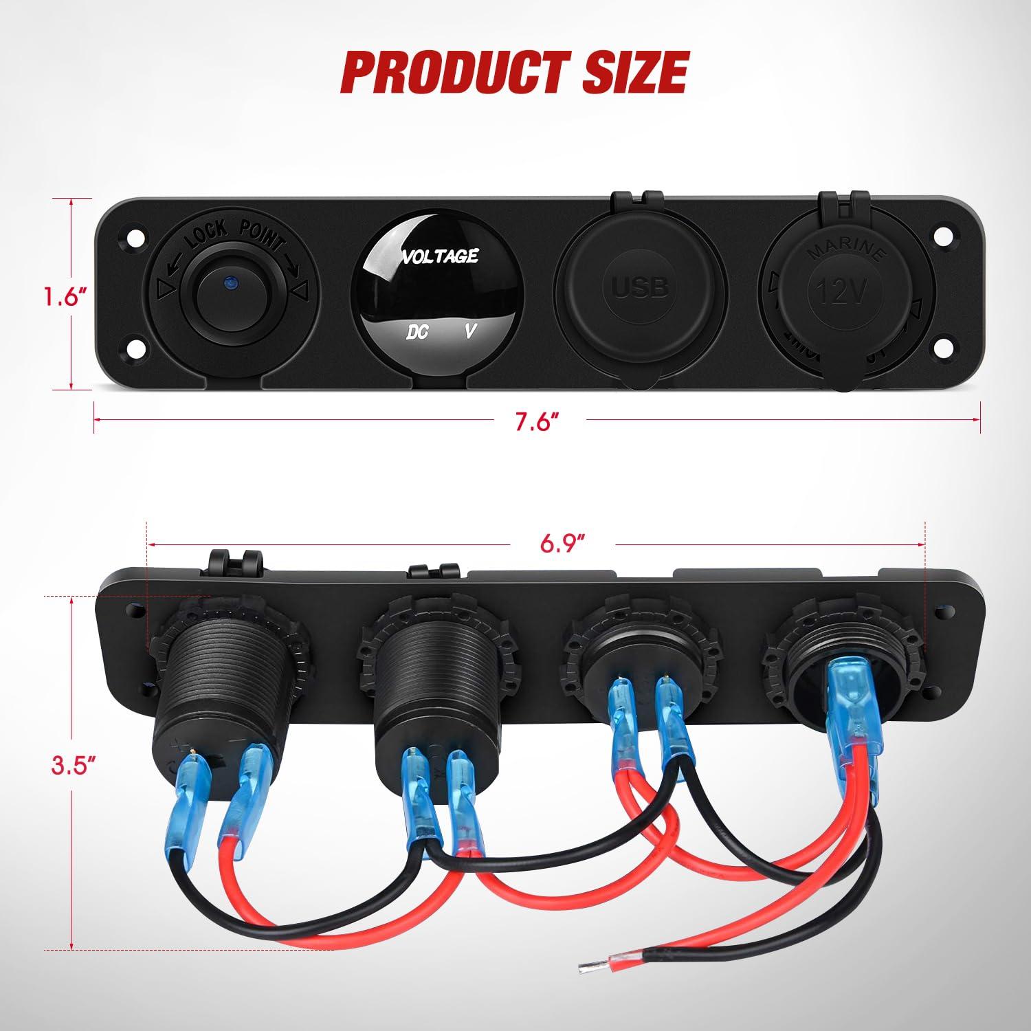 imageNilight 4 in 1 Outlet Socket Panel 12V DC 48A Dual USB 12 Volt Cigarette Lighter LED Voltmeter ON Off Rocker Toggle Switch for Marine Boat Truck CarBlue