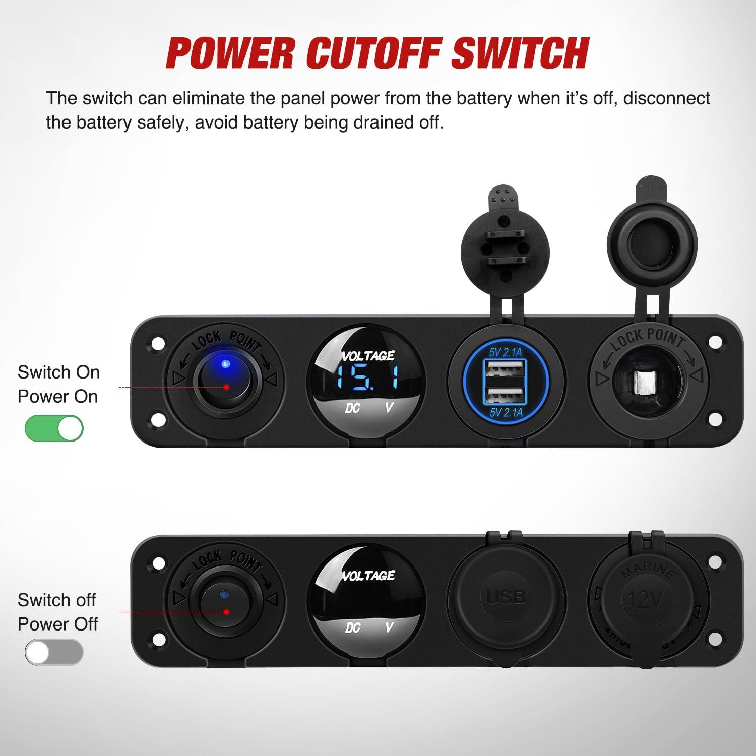 imageNilight 4 in 1 Outlet Socket Panel 12V DC 48A Dual USB 12 Volt Cigarette Lighter LED Voltmeter ON Off Rocker Toggle Switch for Marine Boat Truck CarBlue