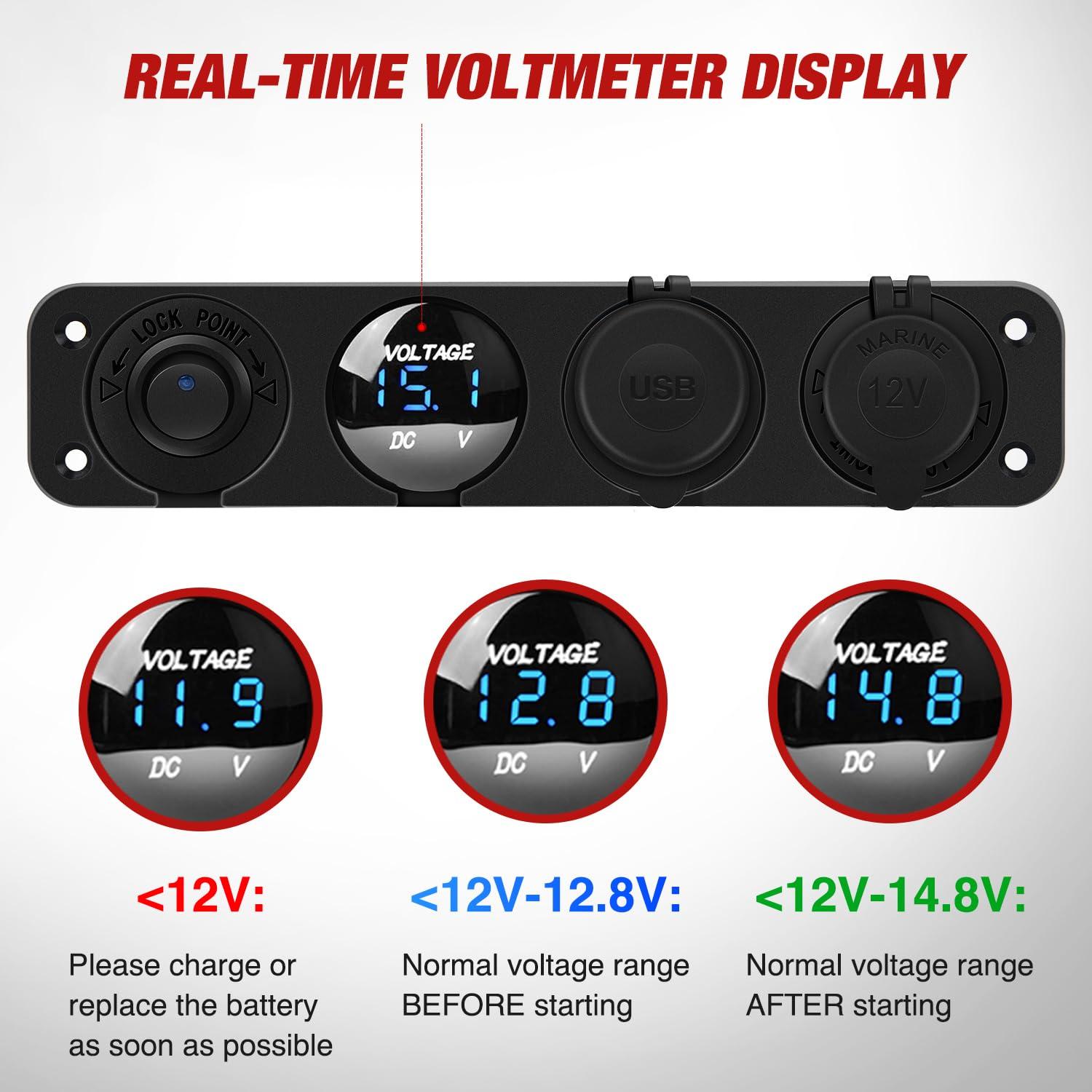 imageNilight 4 in 1 Outlet Socket Panel 12V DC 48A Dual USB 12 Volt Cigarette Lighter LED Voltmeter ON Off Rocker Toggle Switch for Marine Boat Truck CarBlue