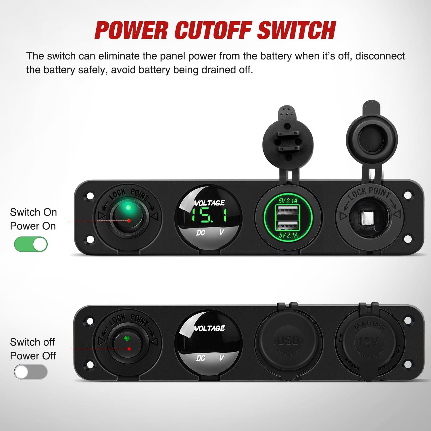 imageNilight 4 in 1 Outlet Socket Panel 12V DC 48A Dual USB 12 Volt Cigarette Lighter LED Voltmeter ON Off Rocker Toggle Switch for Marine Boat Truck CarGreen