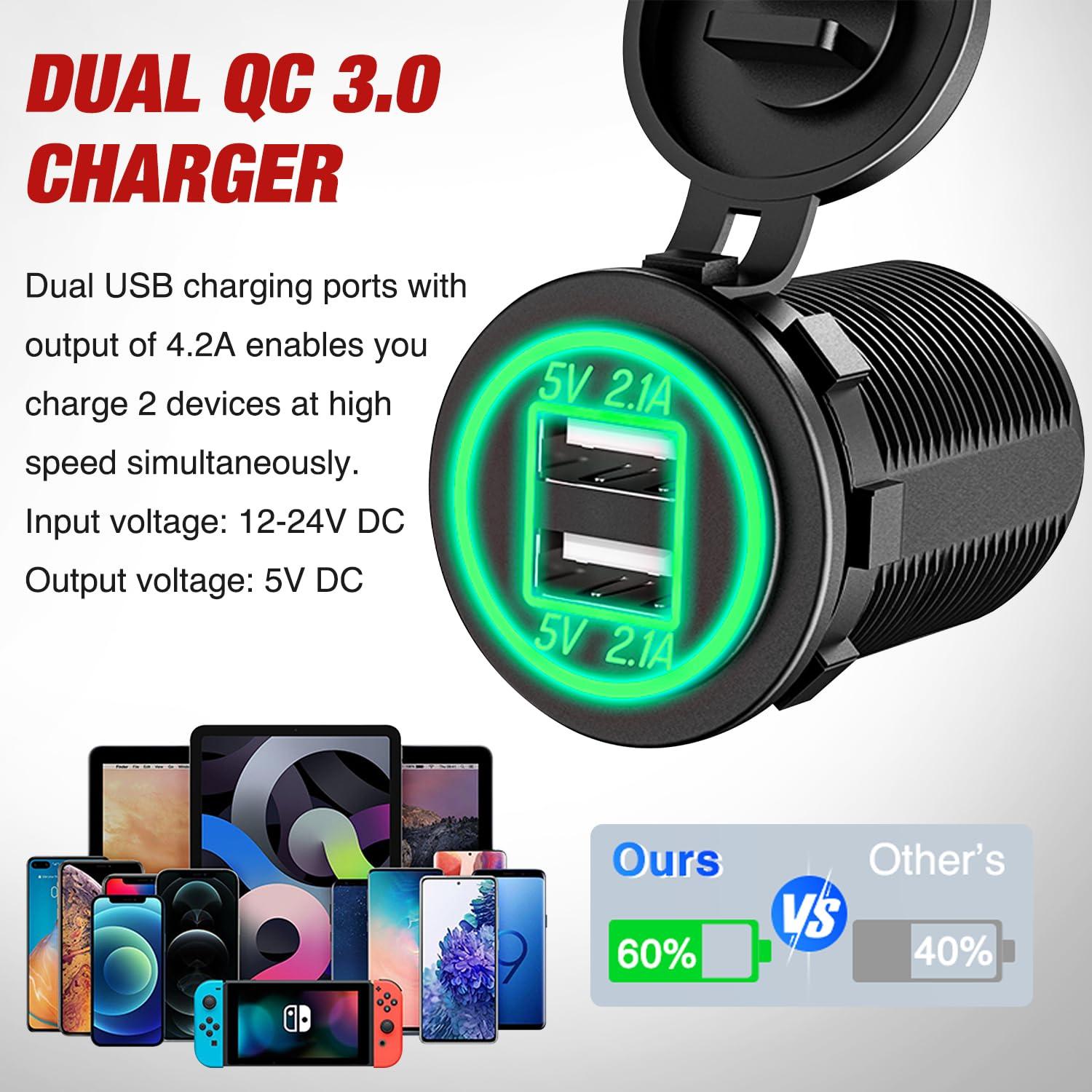 imageNilight 4 in 1 Outlet Socket Panel 12V DC 48A Dual USB 12 Volt Cigarette Lighter LED Voltmeter ON Off Rocker Toggle Switch for Marine Boat Truck CarGreen