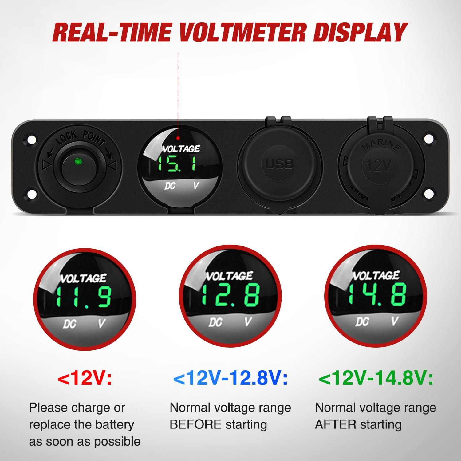 imageNilight 4 in 1 Outlet Socket Panel 12V DC 48A Dual USB 12 Volt Cigarette Lighter LED Voltmeter ON Off Rocker Toggle Switch for Marine Boat Truck CarGreen
