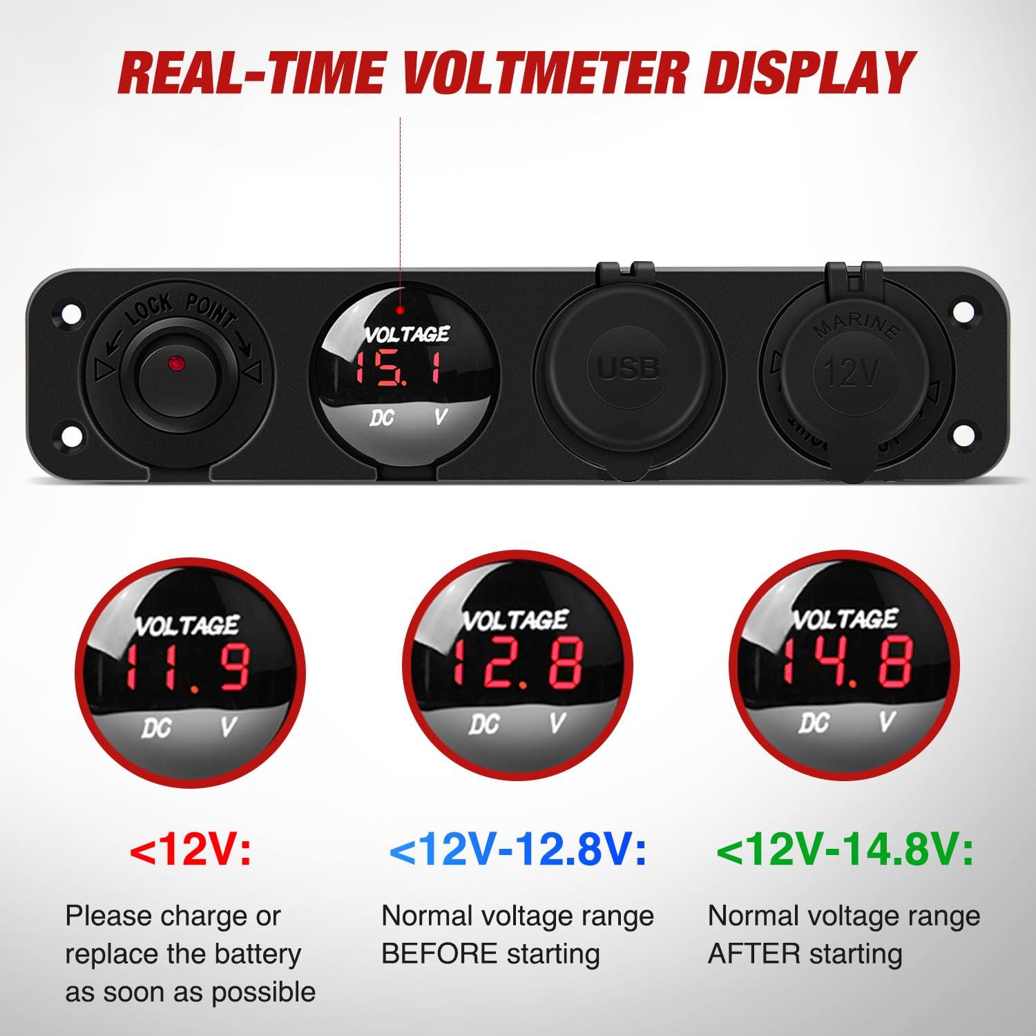 imageNilight 4 in 1 Outlet Socket Panel 12V DC 48A Dual USB 12 Volt Cigarette Lighter LED Voltmeter ON Off Rocker Toggle Switch for Marine Boat Truck CarRed