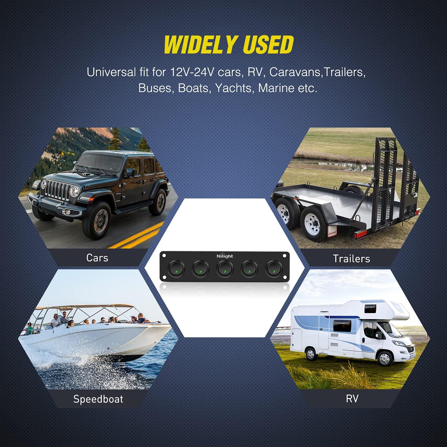 imageNilight 5 Gang 3 Pin Rocker Switch Panel 20A Waterproof On Off 12V Green Toggle for Cars Trucks BoatsGreen