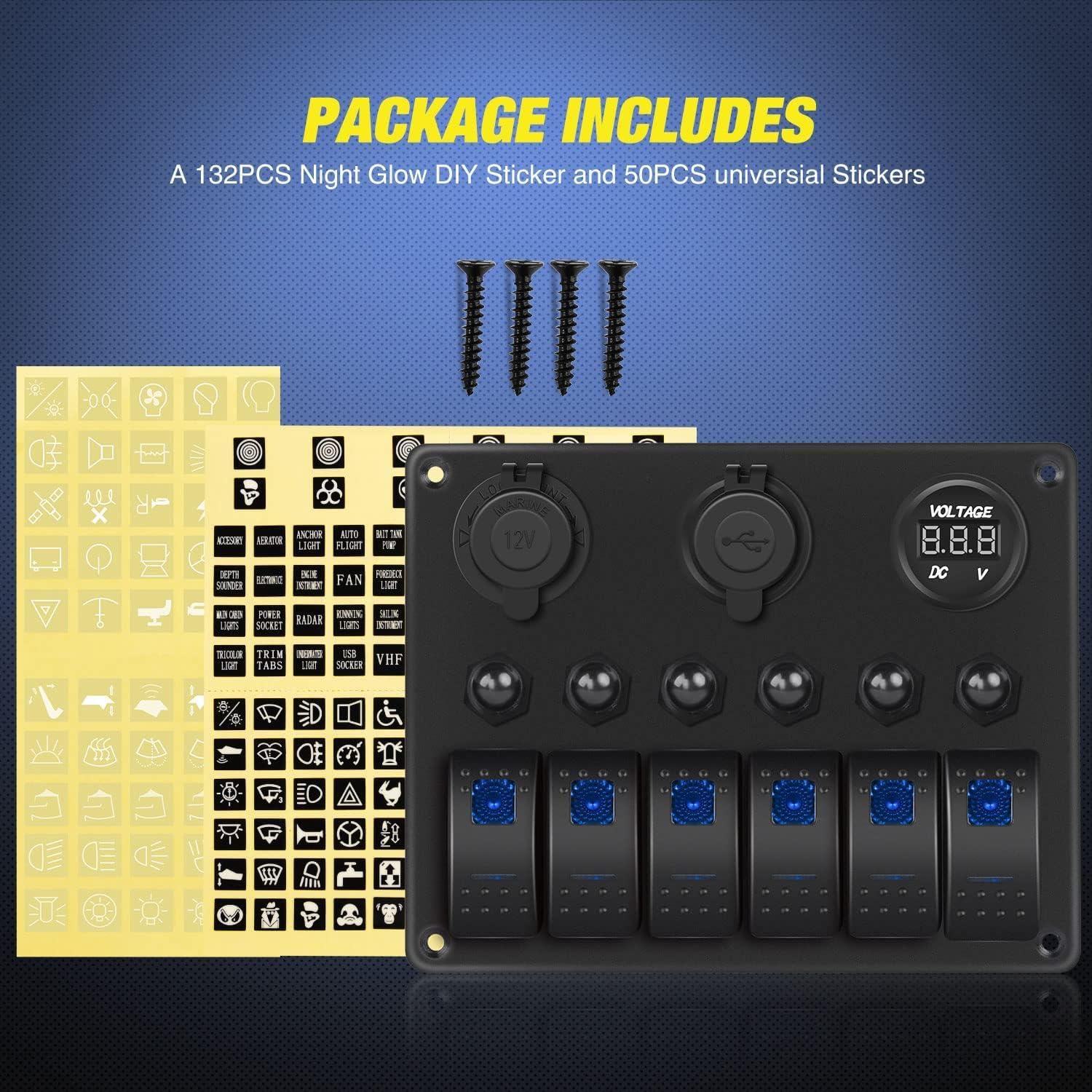 imageNilight 6 Gang ON Off Rocker Switch Panel 12V Voltmeter Dual USB Charger Cigarette Lighter Socket For RV Truck Boat  2 Years WarrantyBlue